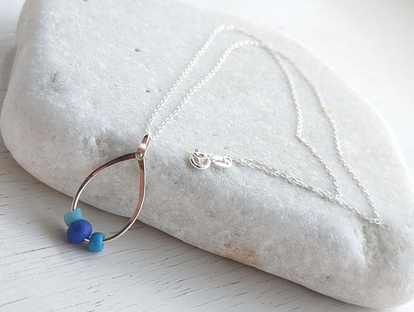 Trio of Sea Glass Sea Beads on Riveted Sterling Silver Hoop Necklace