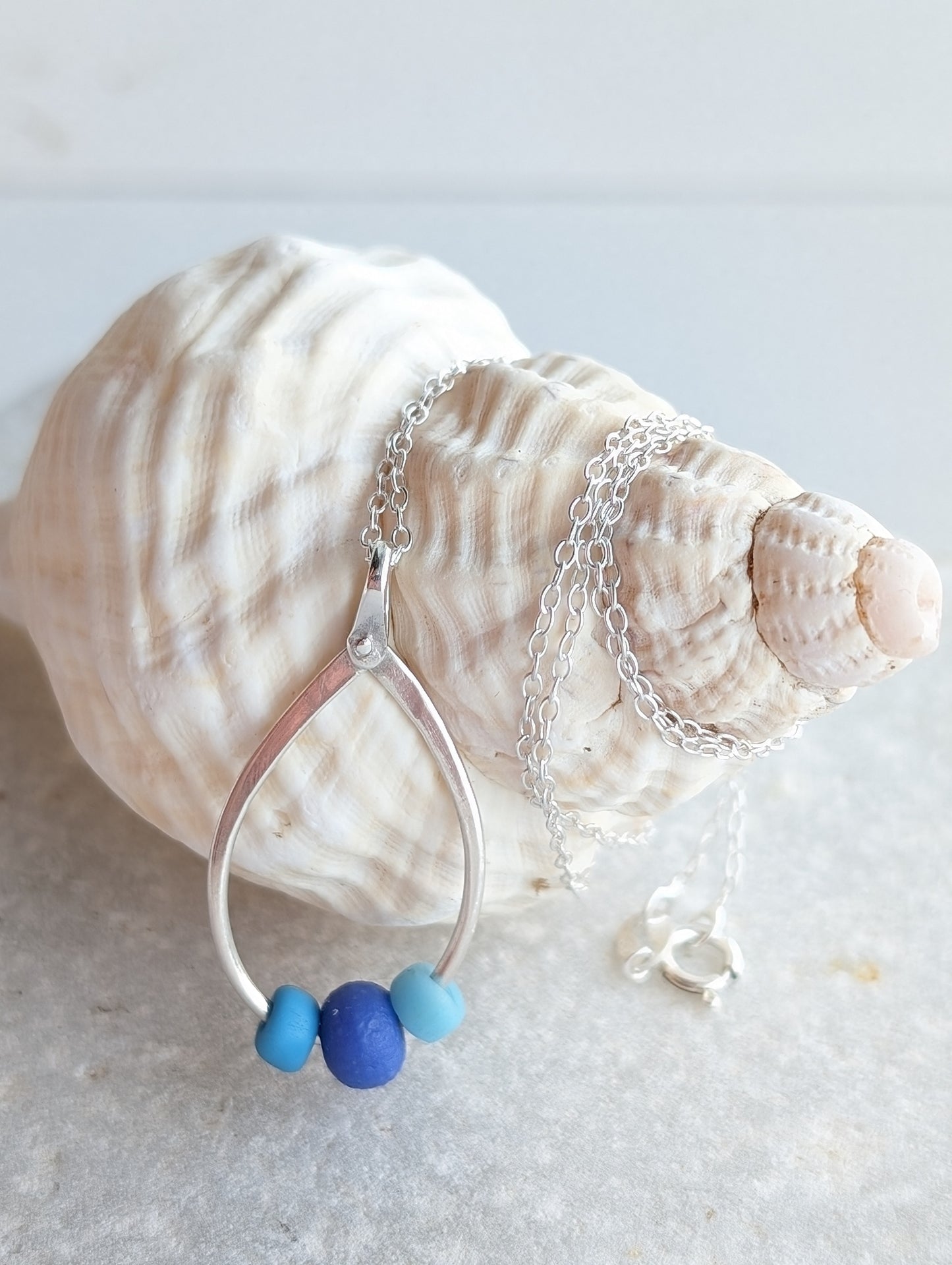 Trio of Sea Glass Sea Beads on Riveted Sterling Silver Hoop Necklace