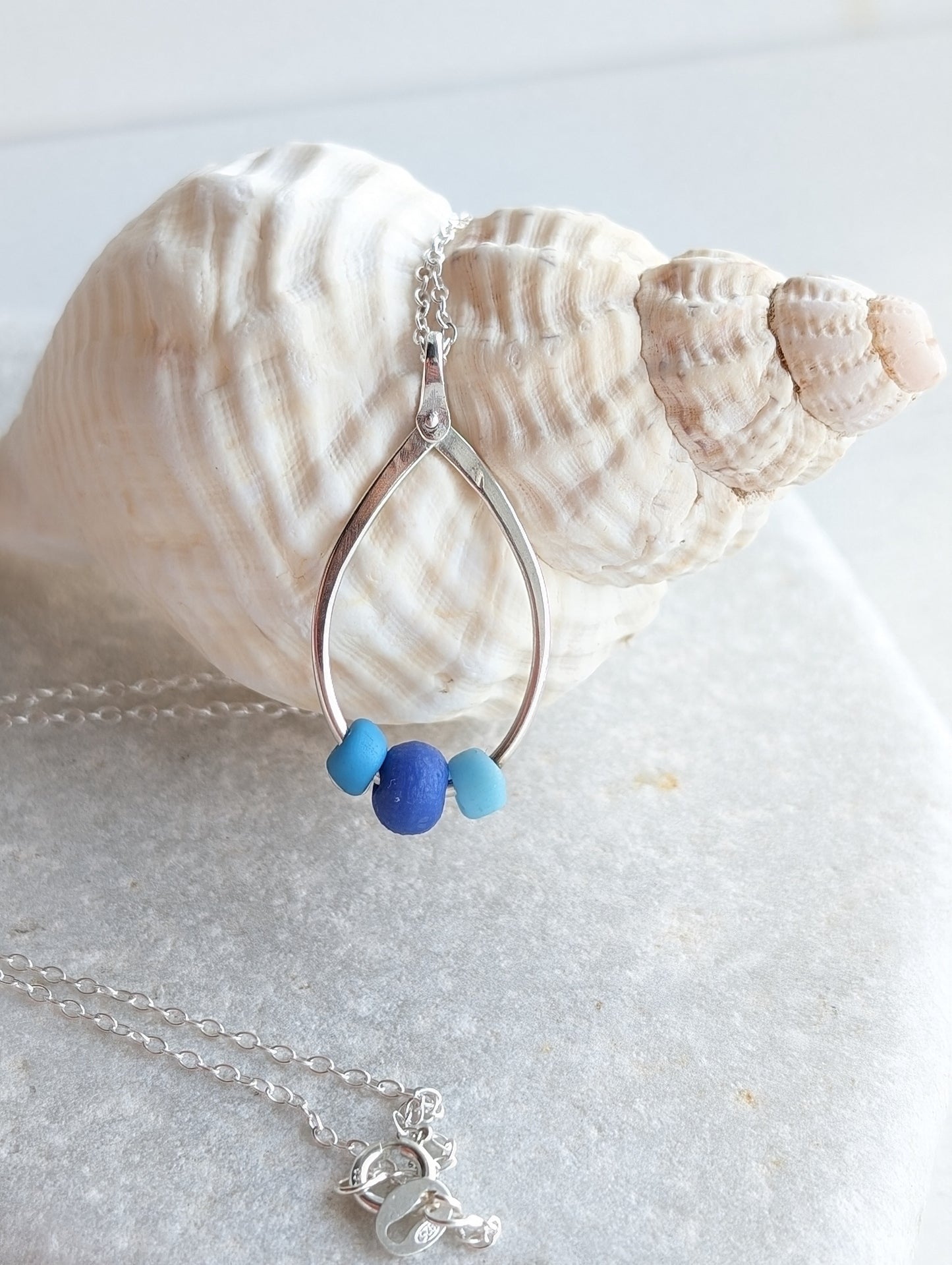 Trio of Sea Glass Sea Beads on Riveted Sterling Silver Hoop Necklace