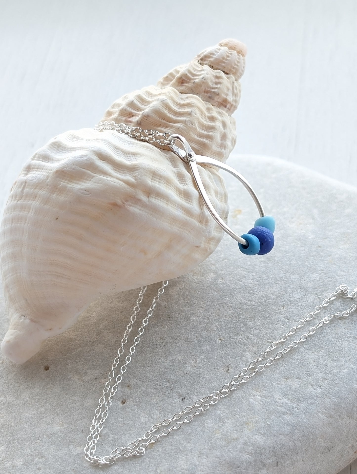 Trio of Sea Glass Sea Beads on Riveted Sterling Silver Hoop Necklace