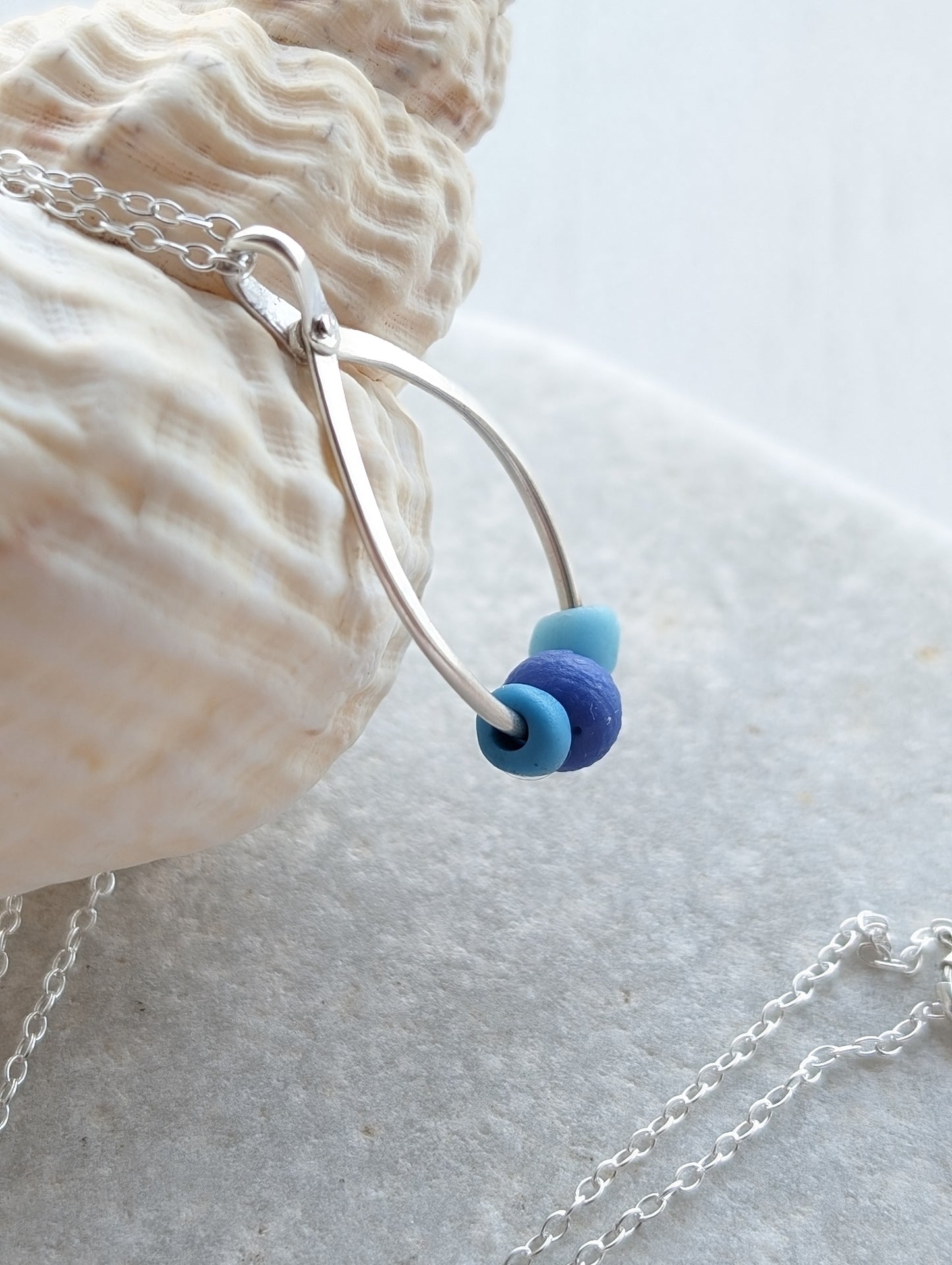 Trio of Sea Glass Sea Beads on Riveted Sterling Silver Hoop Necklace