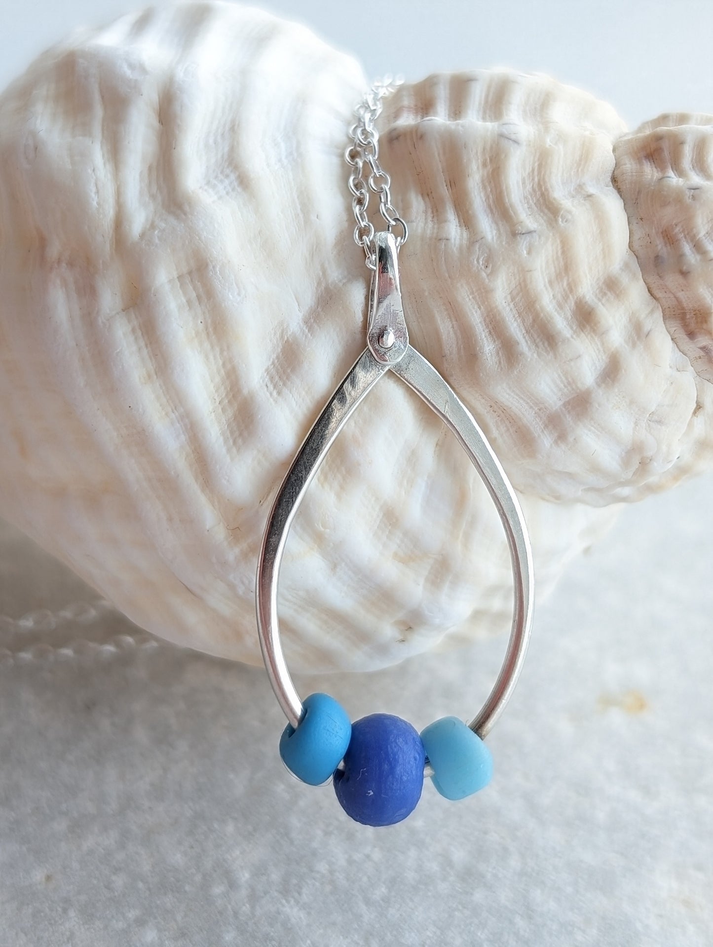 Trio of Sea Glass Sea Beads on Riveted Sterling Silver Hoop Necklace