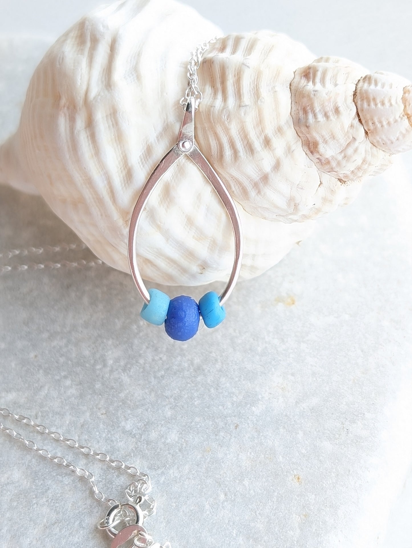 Trio of Sea Glass Sea Beads on Riveted Sterling Silver Hoop Necklace