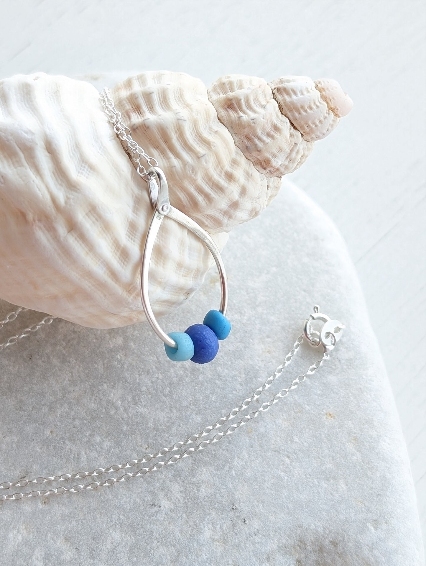 Trio of Sea Glass Sea Beads on Riveted Sterling Silver Hoop Necklace
