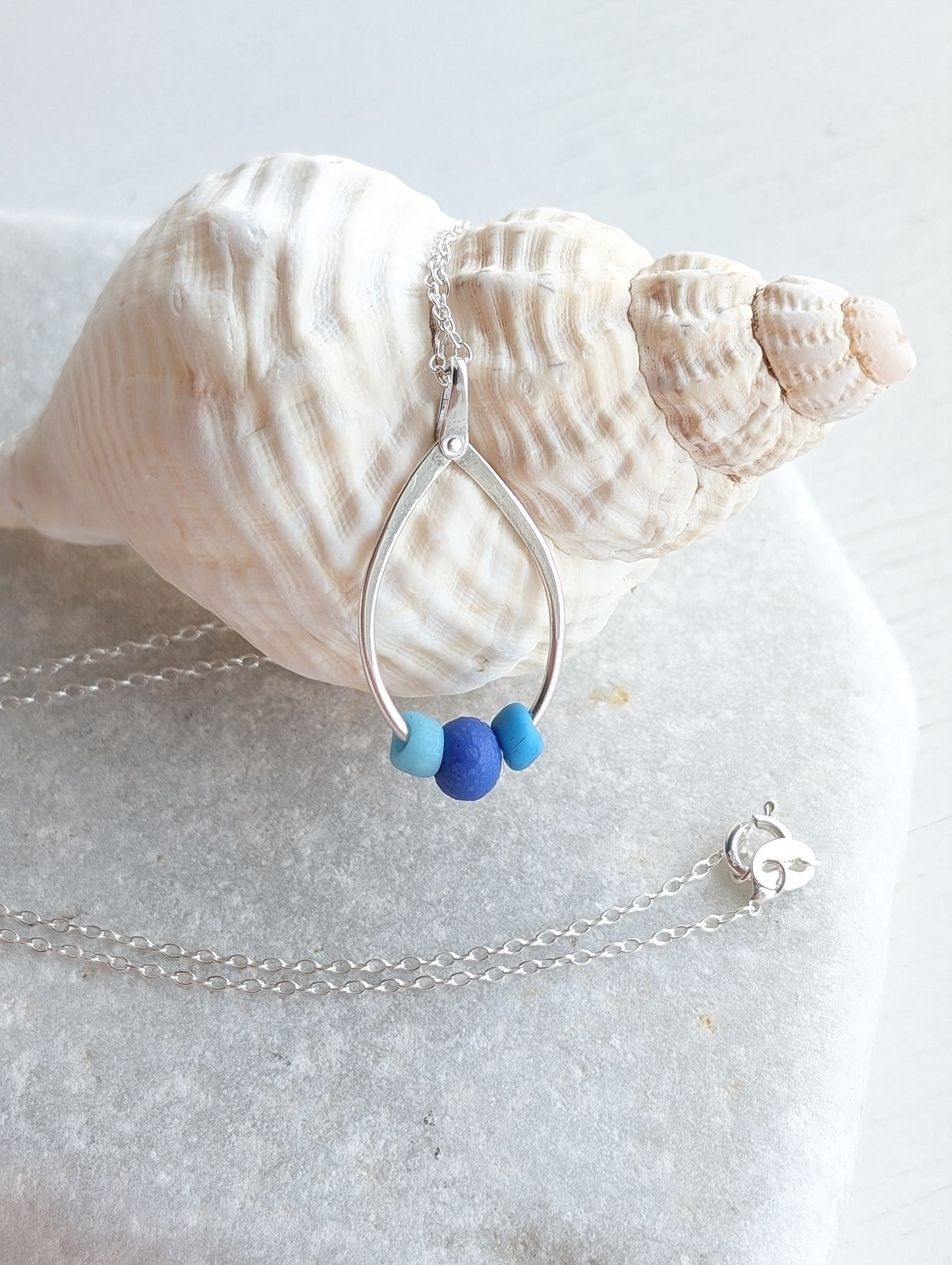 Trio of Sea Glass Sea Beads on Riveted Sterling Silver Hoop Necklace