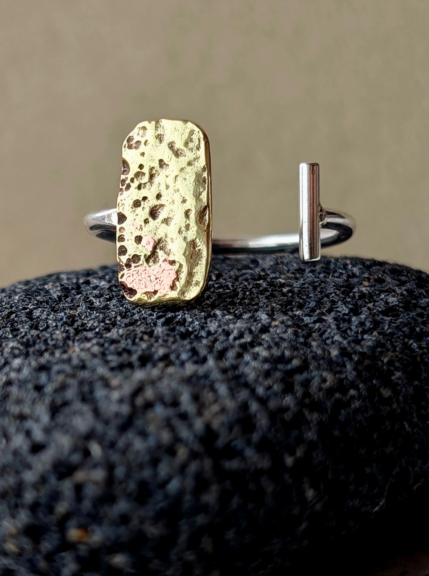 Washed-up Antique Brass & Sterling Silver Adjustable Ring