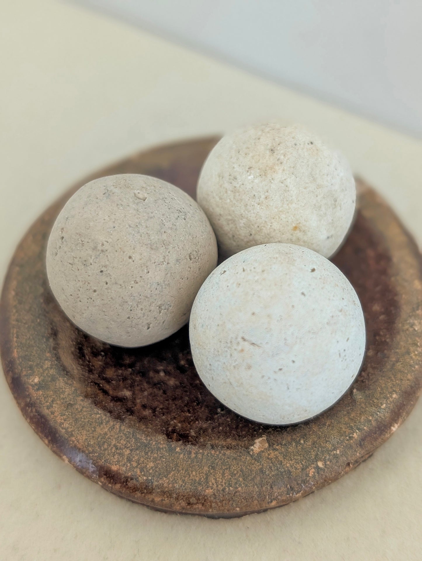 3 Washed-up Clay Marbles in Washed-up Ceramic Dish