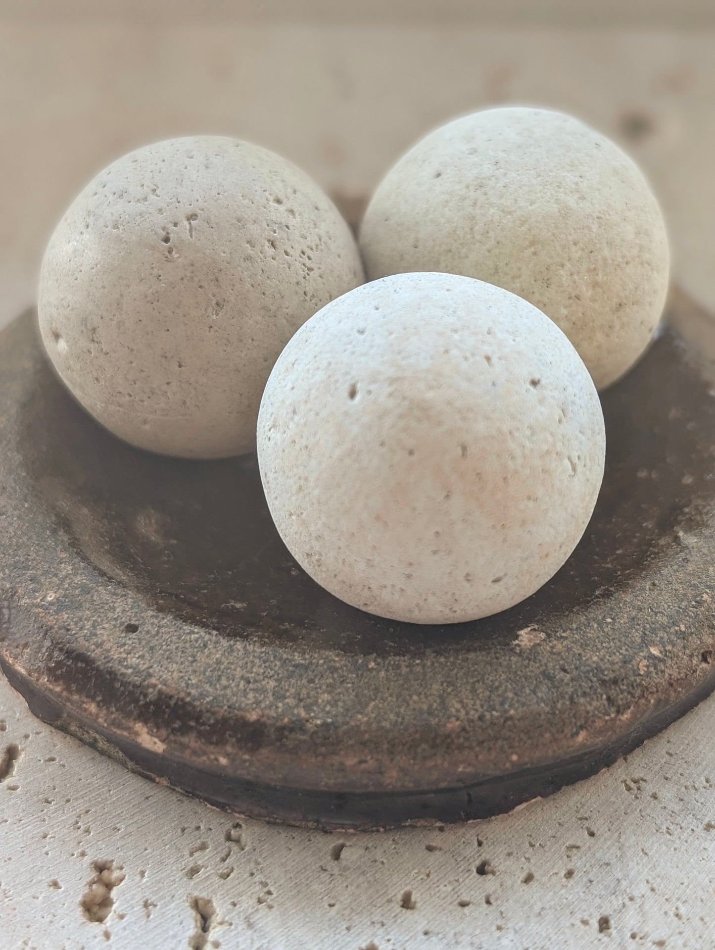 3 Washed-up Clay Marbles in Washed-up Ceramic Dish