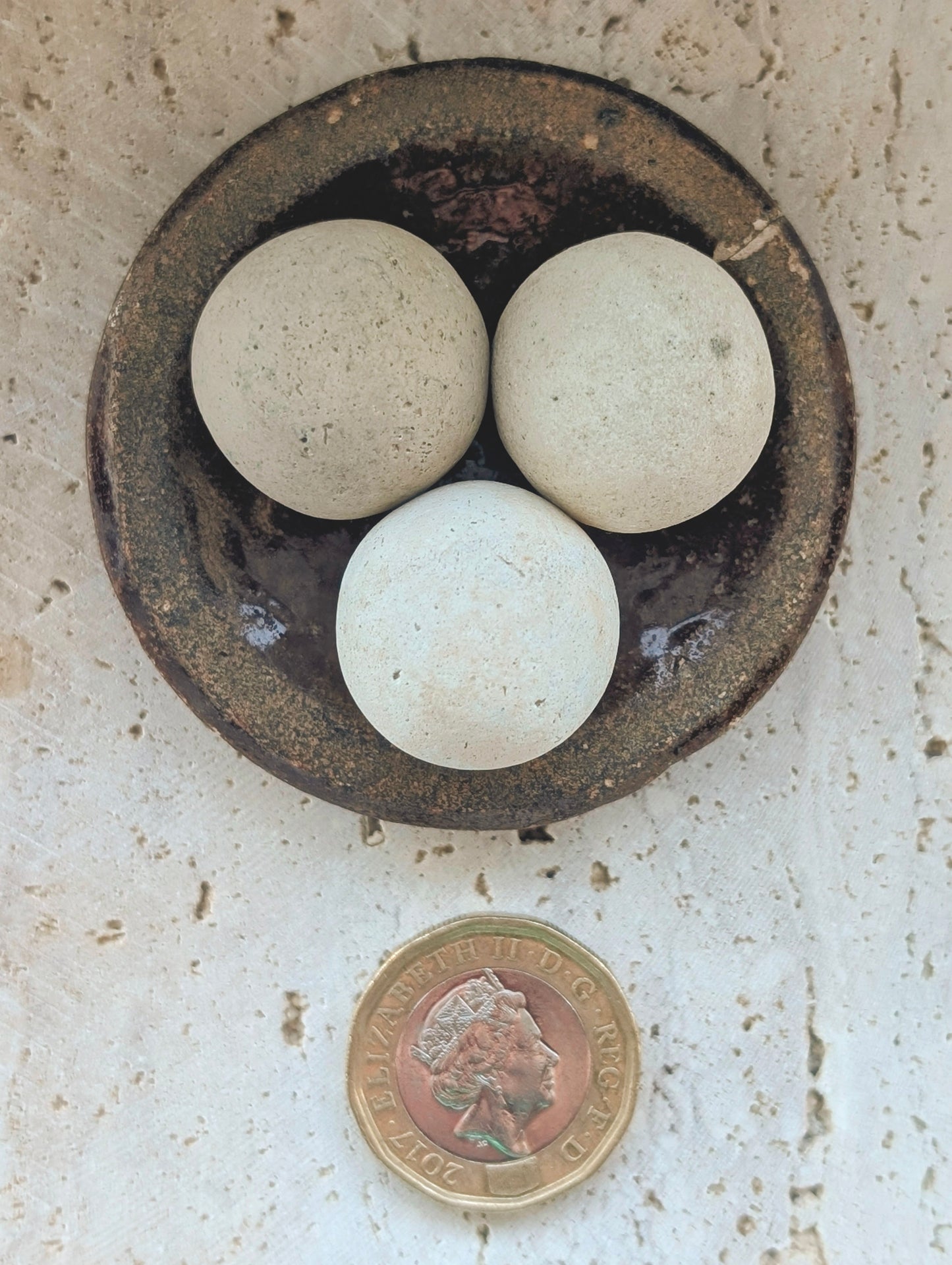 3 Washed-up Clay Marbles in Washed-up Ceramic Dish