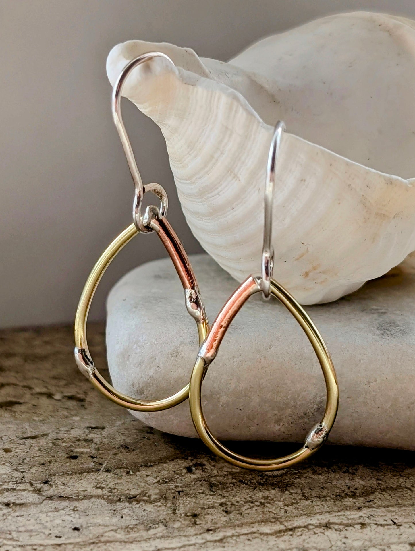 Teardrop Mixed-Metal Earrings with Sterling Silver, Salvaged Brass & Washed-up Copper