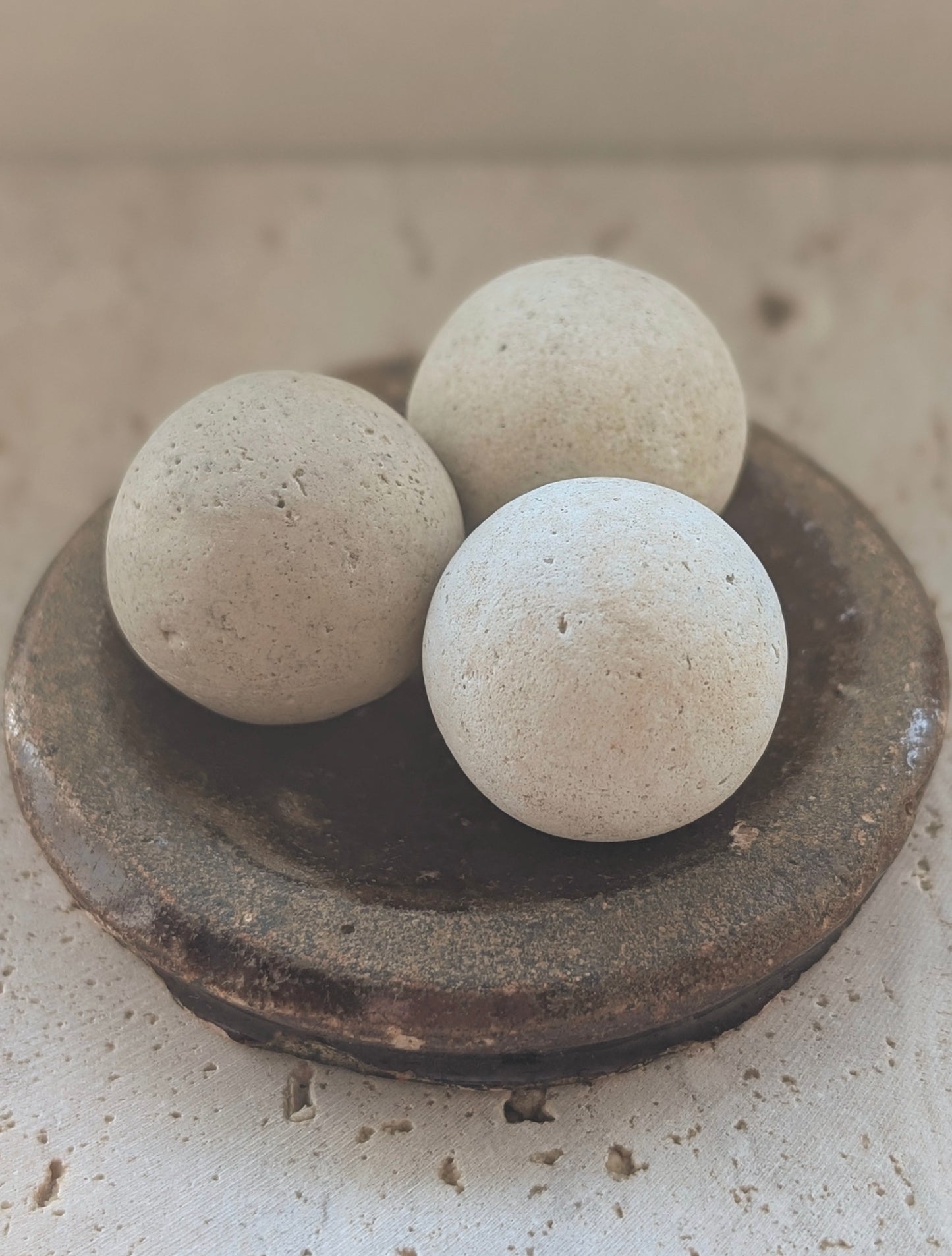 3 Washed-up Clay Marbles in Washed-up Ceramic Dish