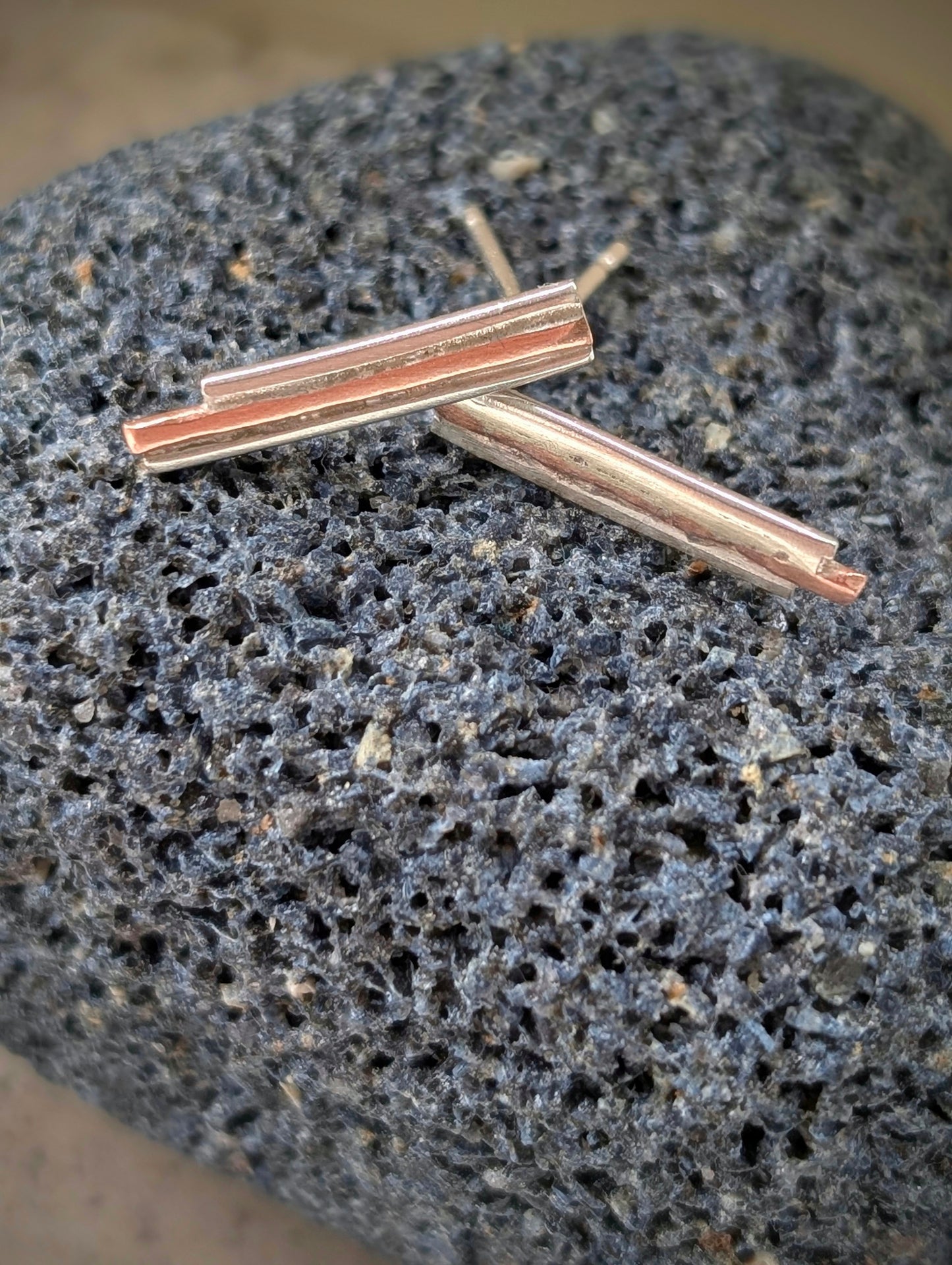Rustic Minimalist Washed-up Copper & Silver Stud Earrings