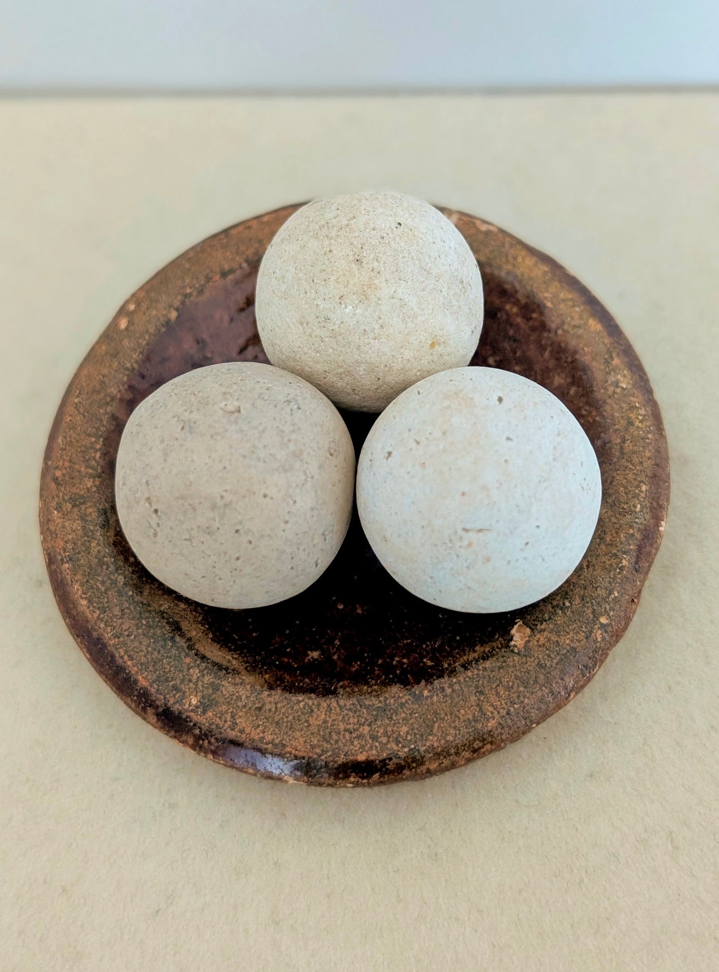 3 Washed-up Clay Marbles in Washed-up Ceramic Dish