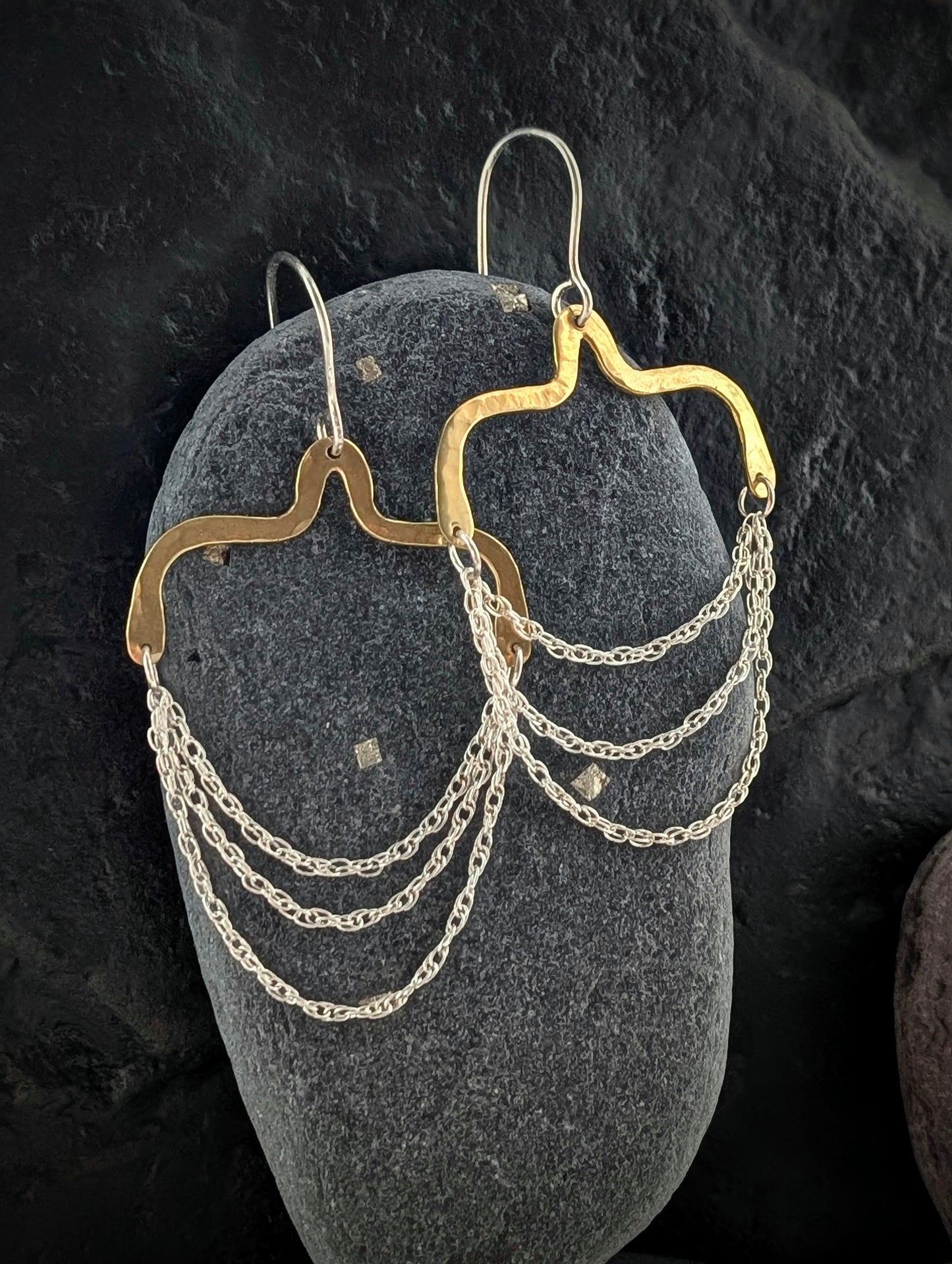 Hammered Brass & Sterling Silver Chandelier Earrings