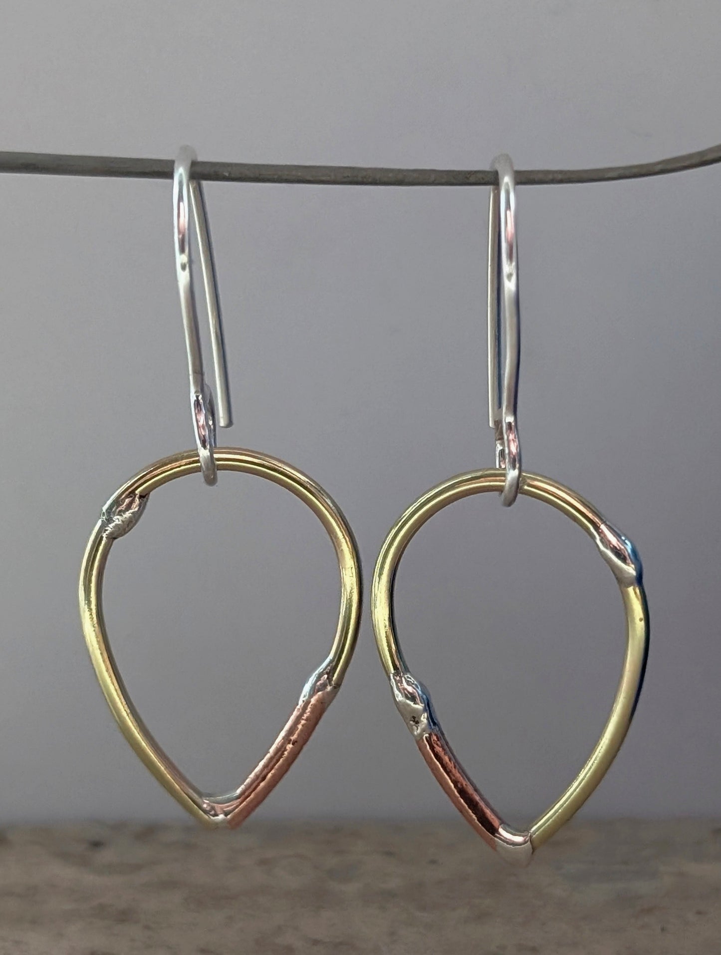 Teardrop Mixed-Metal Earrings with Sterling Silver, Salvaged Brass & Washed-up Copper