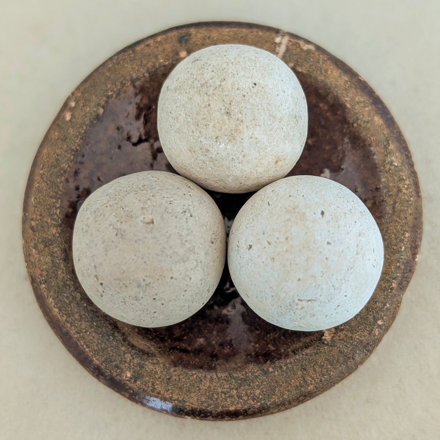 3 Washed-up Clay Marbles in Washed-up Ceramic Dish