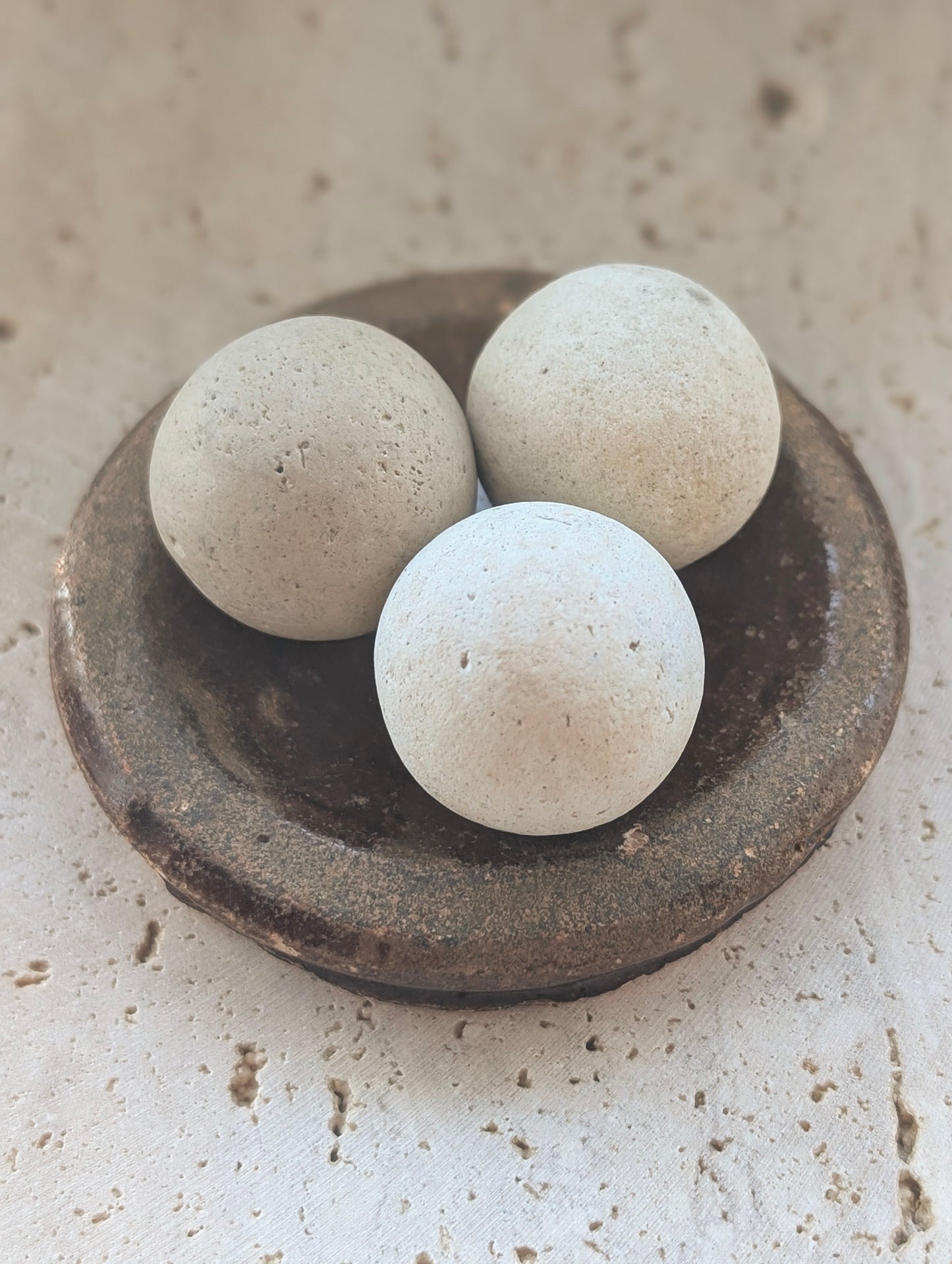 3 Washed-up Clay Marbles in Washed-up Ceramic Dish