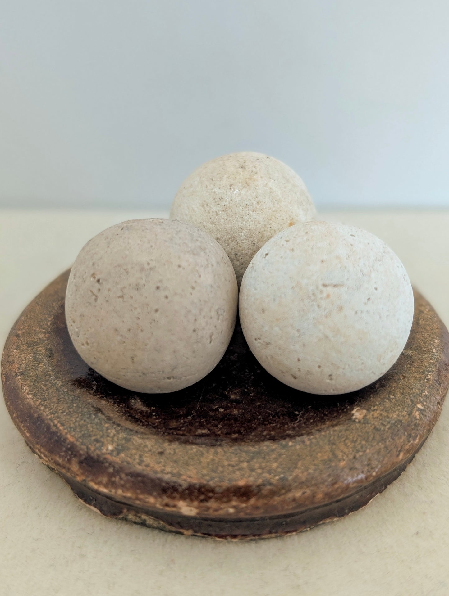 3 Washed-up Clay Marbles in Washed-up Ceramic Dish