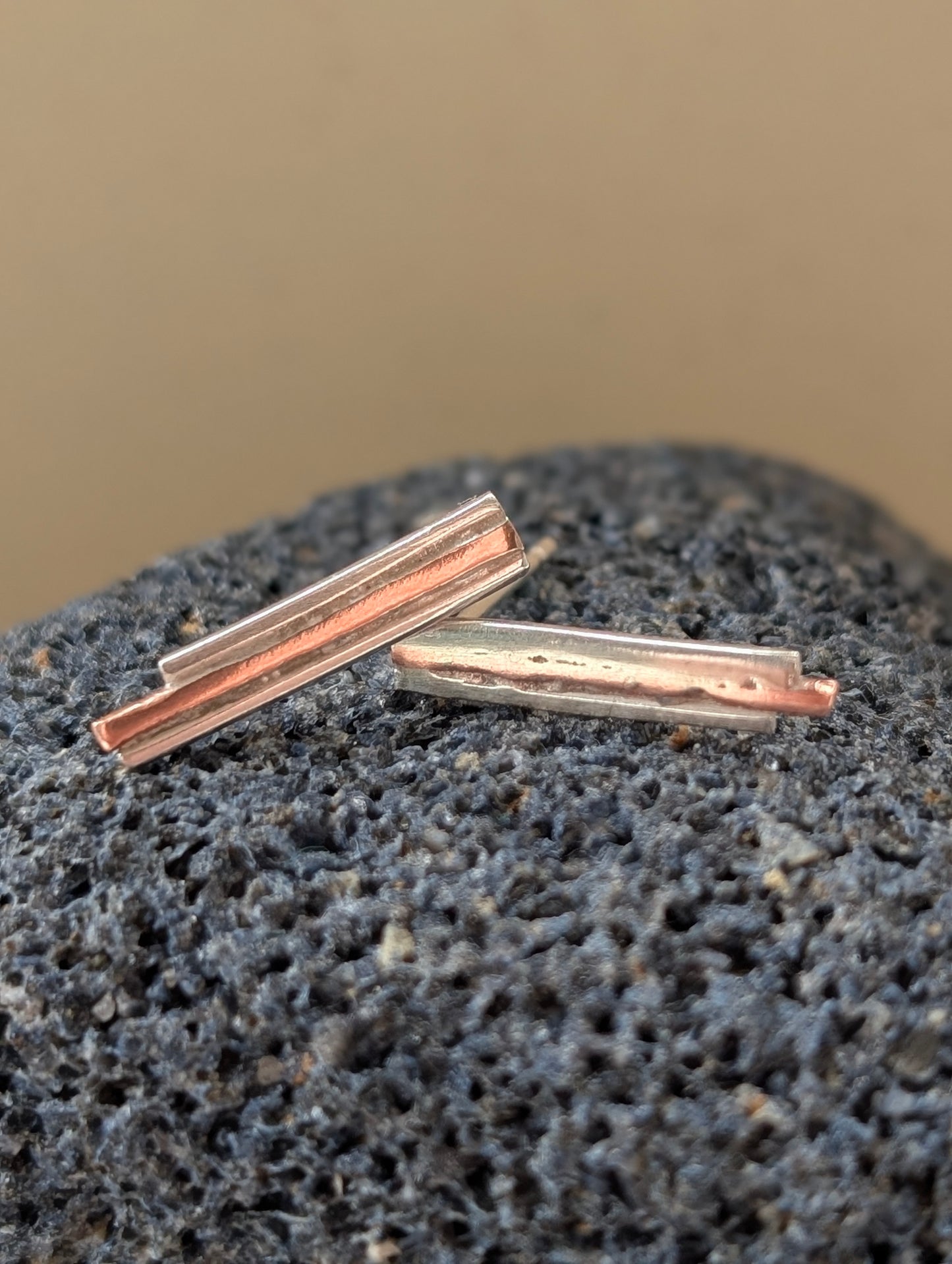 Rustic Minimalist Washed-up Copper & Silver Stud Earrings