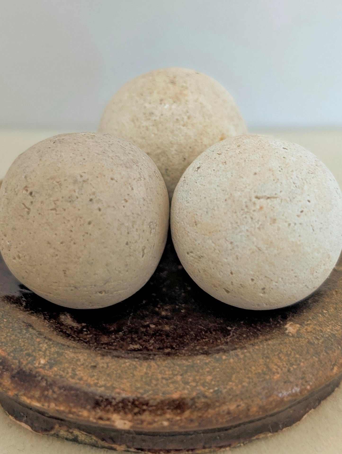 3 Washed-up Clay Marbles in Washed-up Ceramic Dish