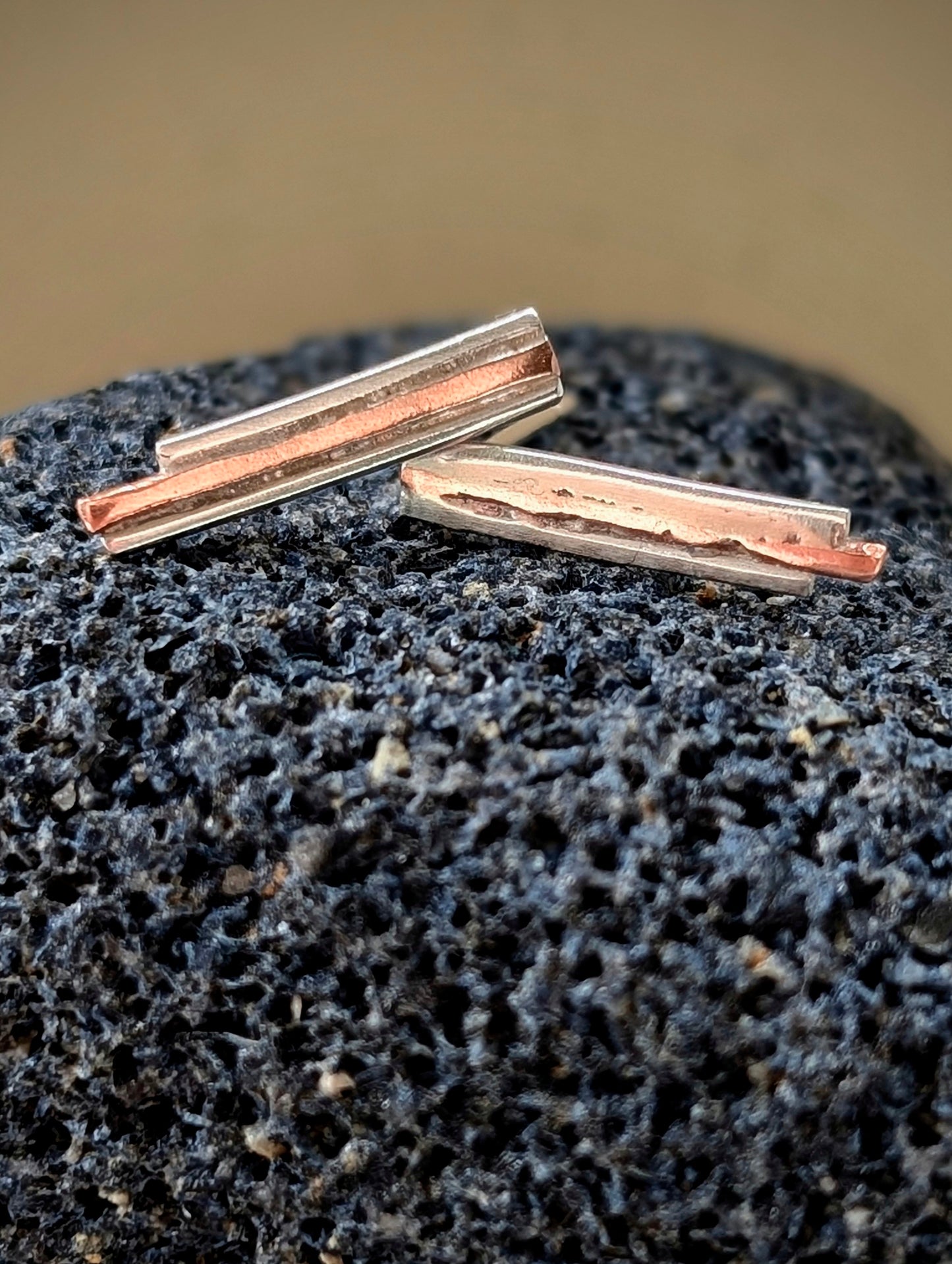 Rustic Minimalist Washed-up Copper & Silver Stud Earrings