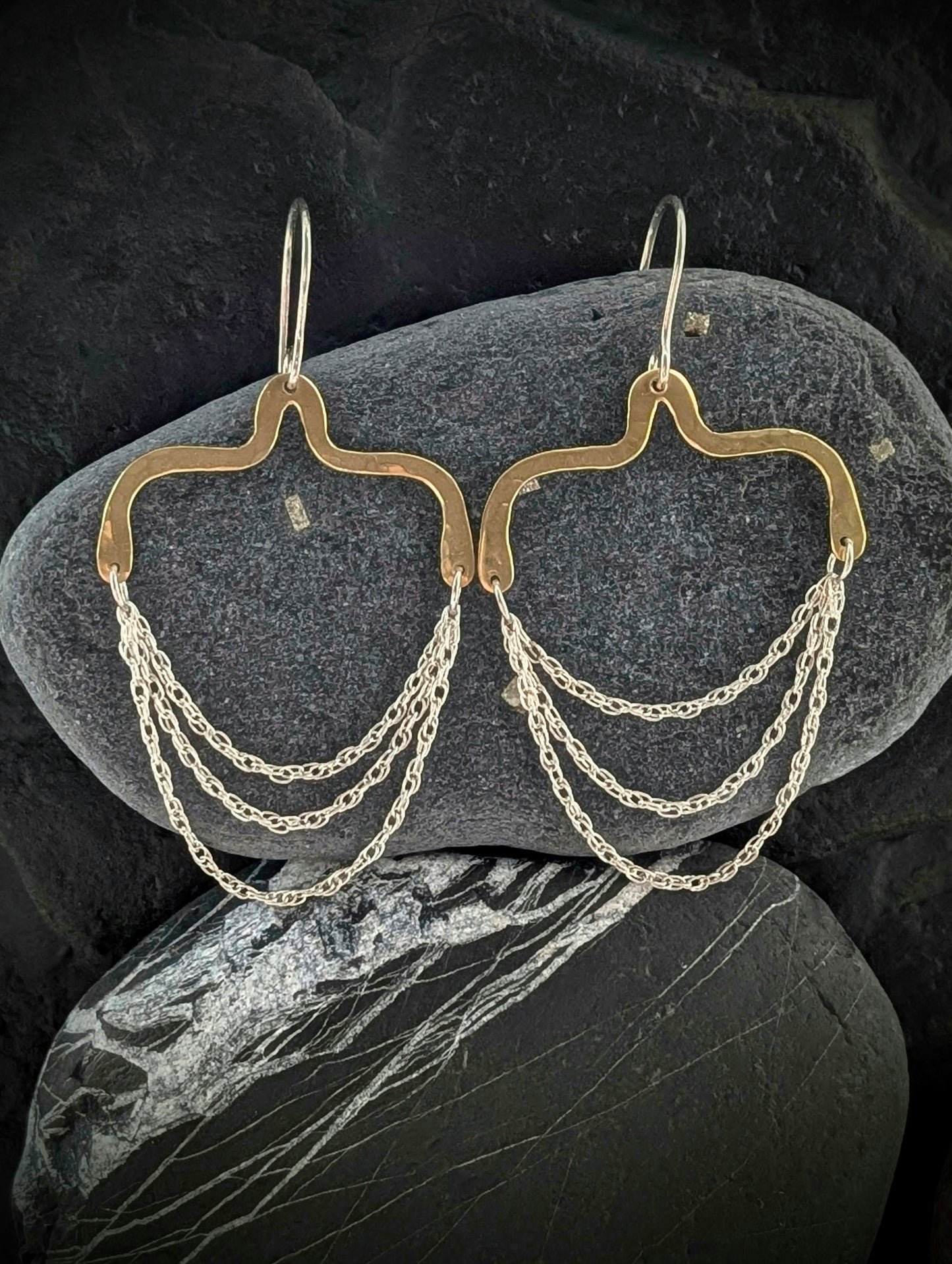 Hammered Brass & Sterling Silver Chandelier Earrings