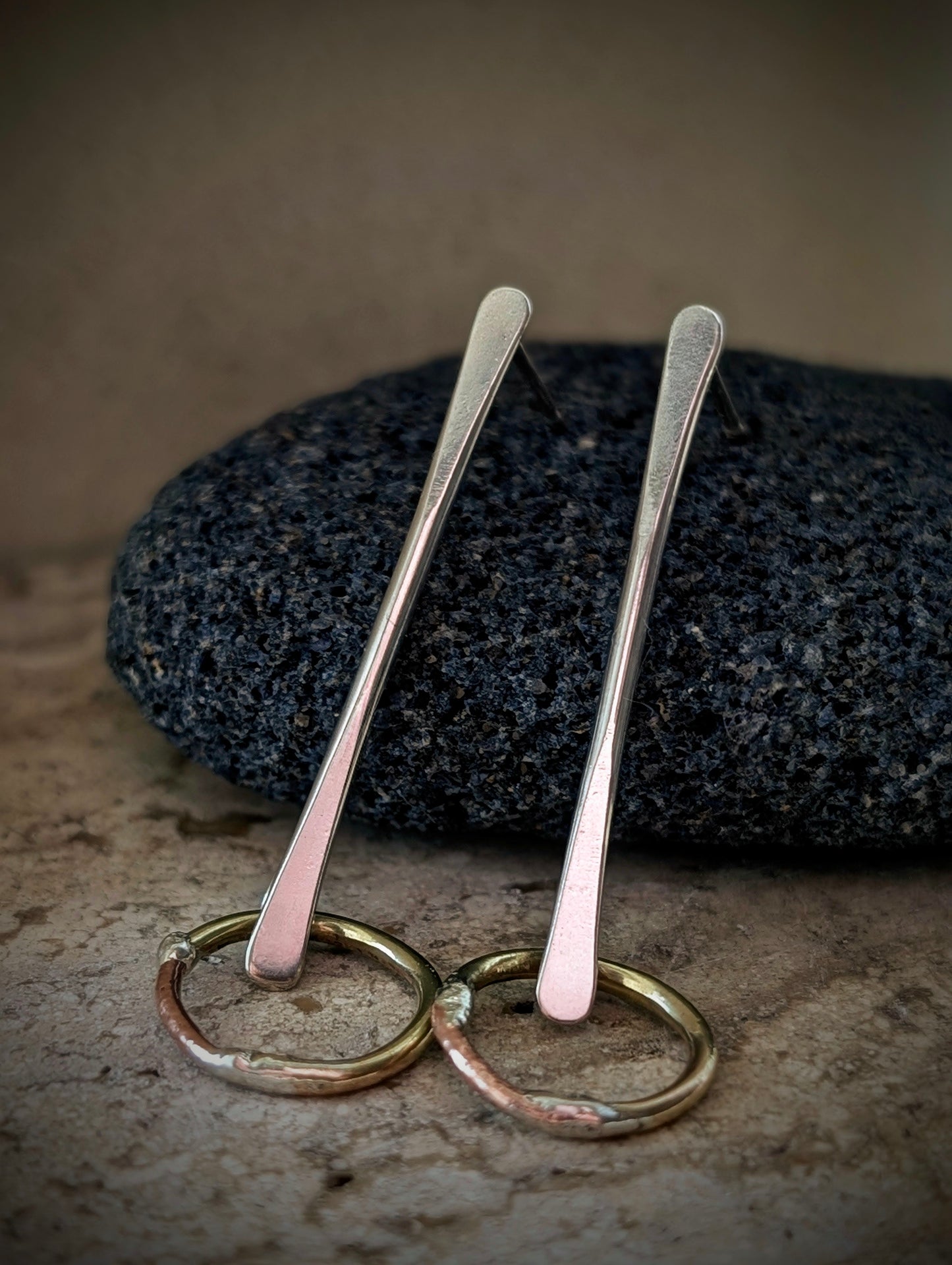 Suspended Circles Mixed-Metal Earrings with Sterling Silver, Salvaged Brass & Washed-up Copper