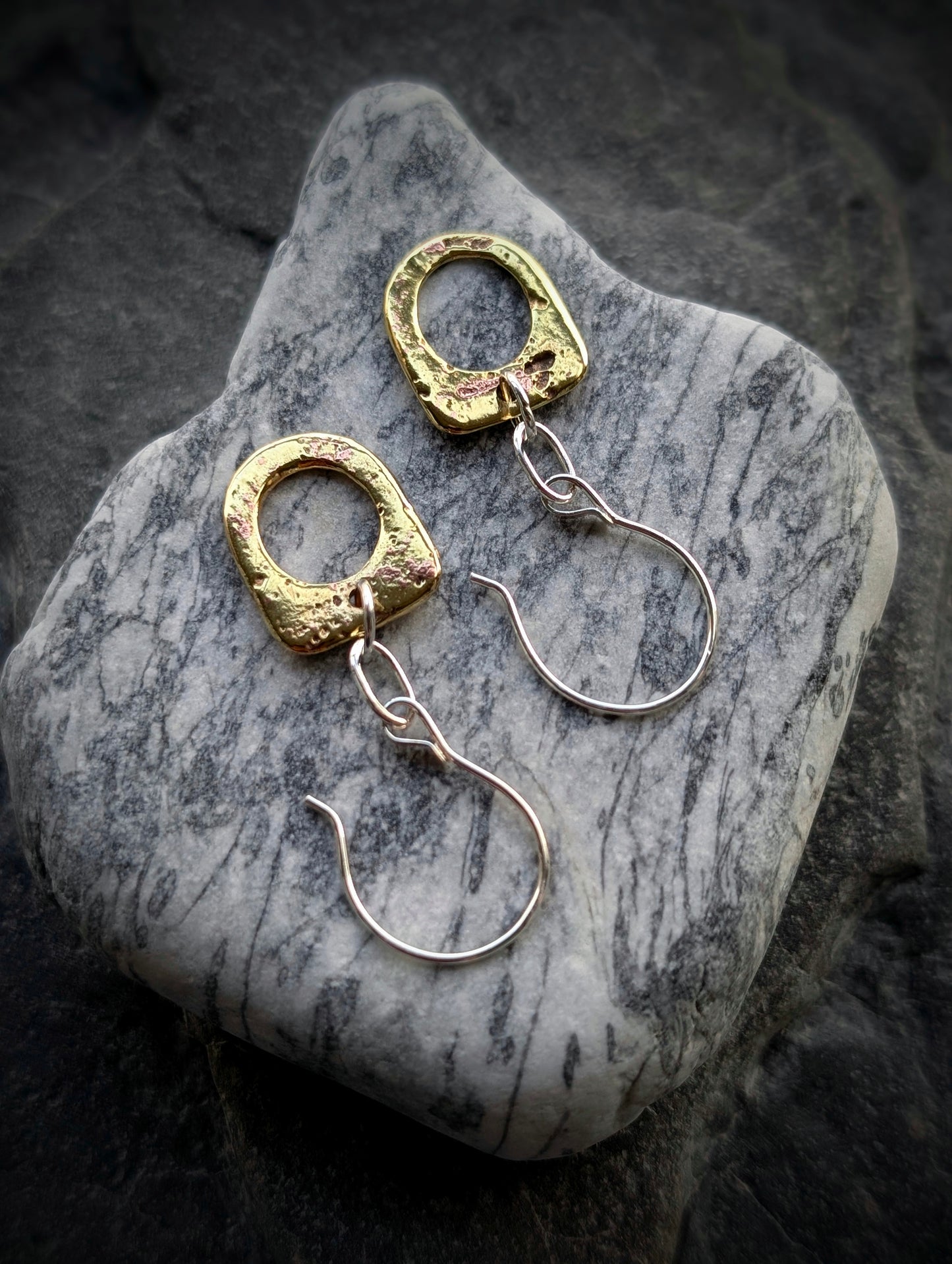 Washed-up Antique Brass & Sterling Silver Earrings