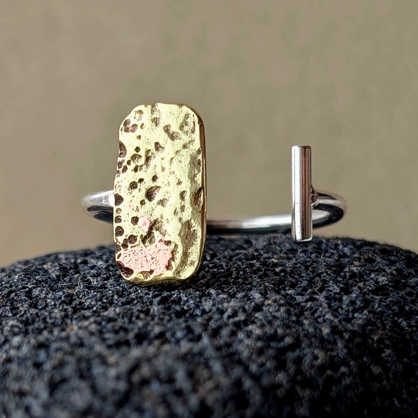 Washed-up Antique Brass & Sterling Silver Adjustable Ring