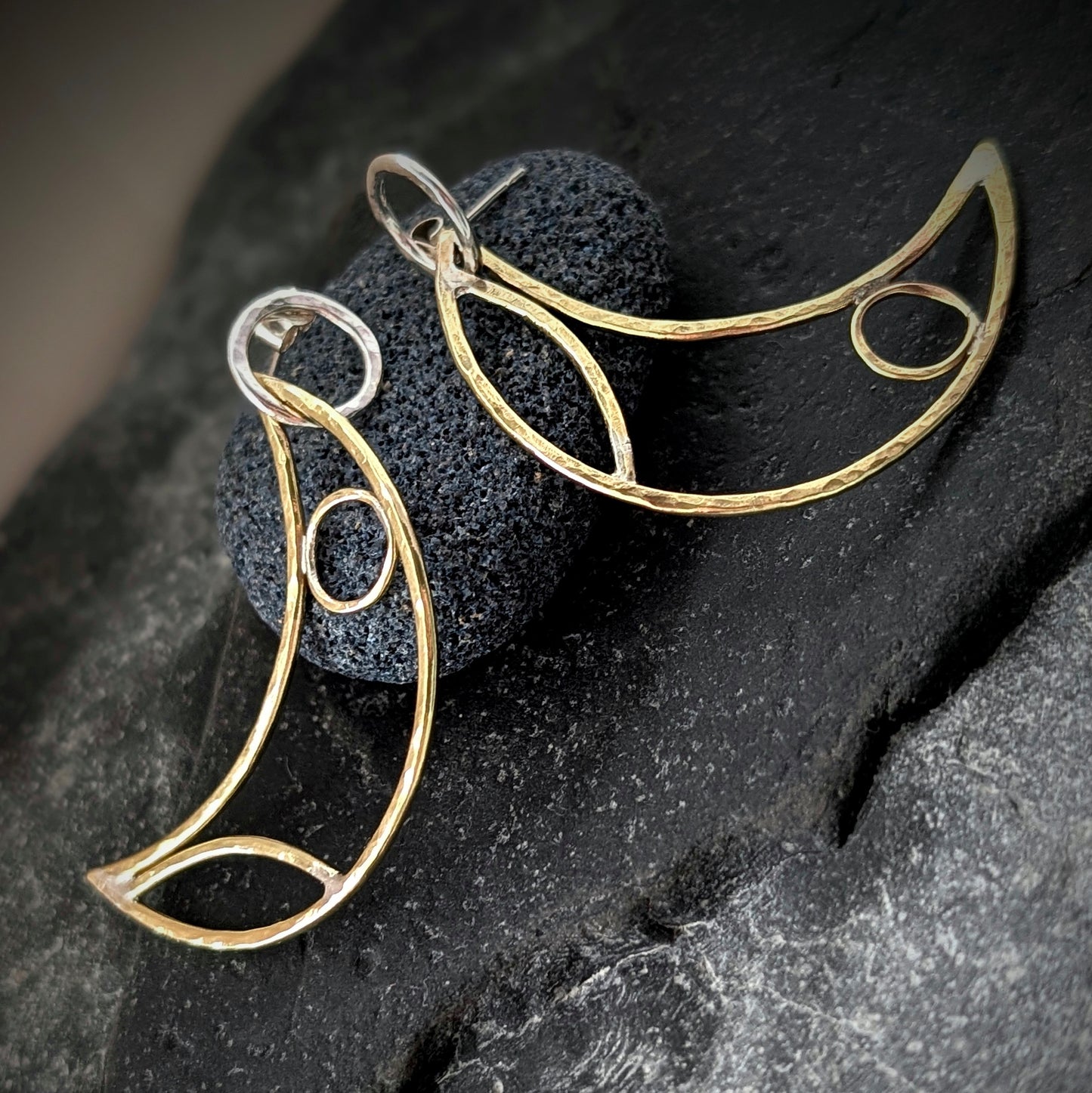 Sterling Silver & Brass Crescent Moon Hoop Earrings