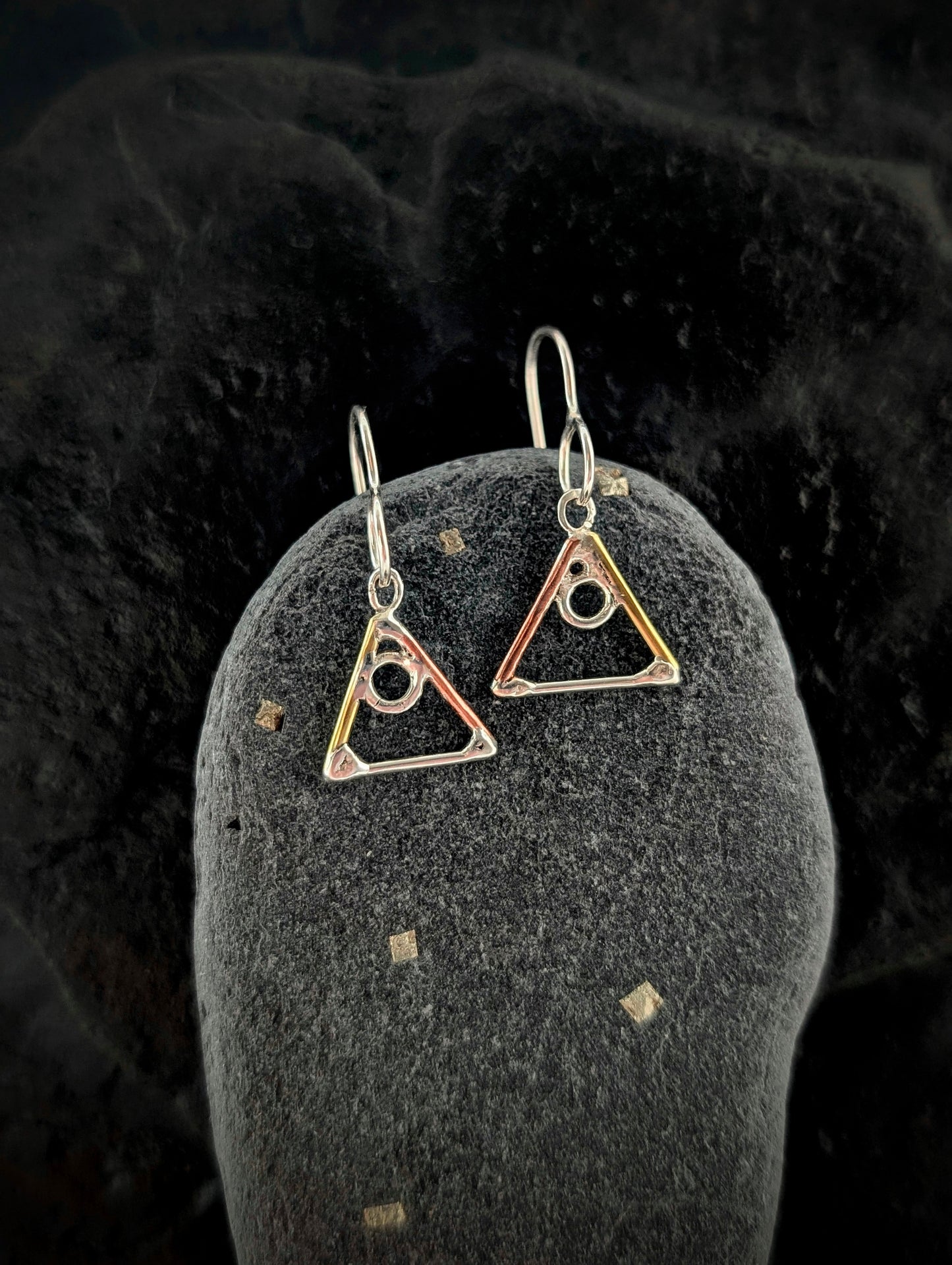 Elemental Triangle Earrings with Sterling Silver, Salvaged Brass & Washed-up Copper