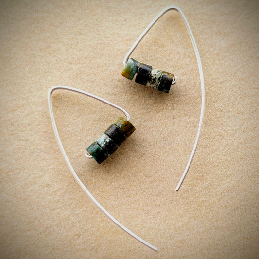 Silver Threader Triangle Earrings with Mossy Stone Beads