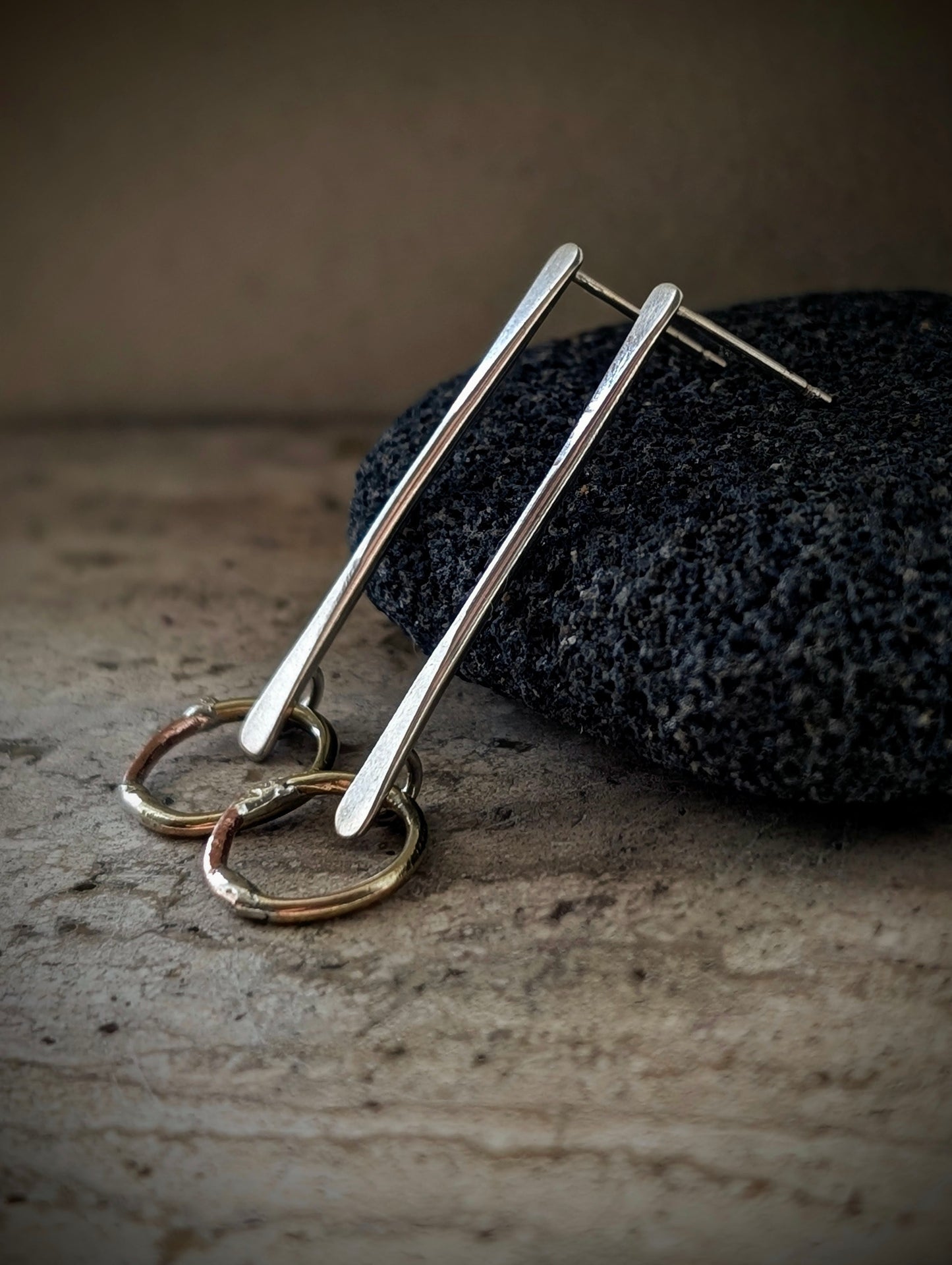 Suspended Circles Mixed-Metal Earrings with Sterling Silver, Salvaged Brass & Washed-up Copper