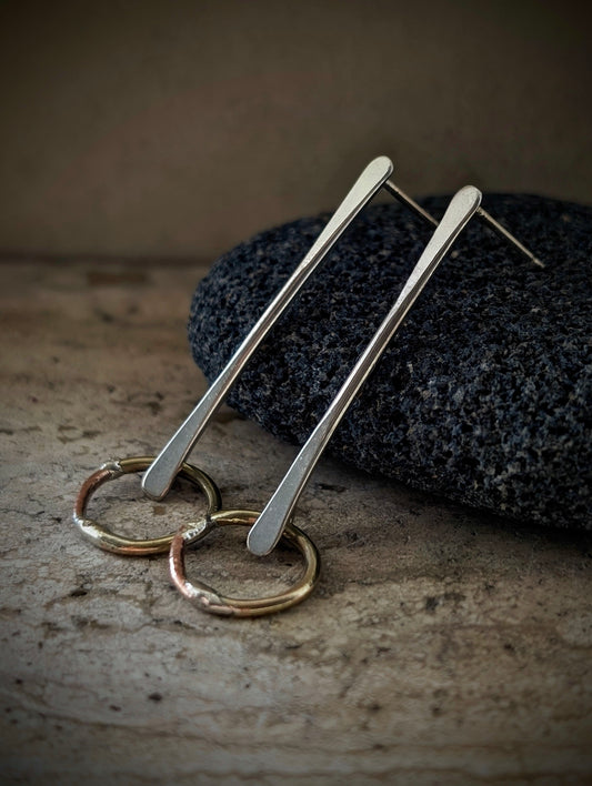 Suspended Circles Mixed-Metal Earrings with Sterling Silver, Salvaged Brass & Washed-up Copper