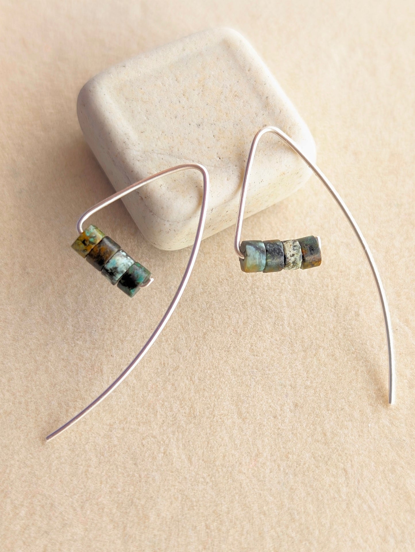 Silver Threader Triangle Earrings with Mossy Stone Beads