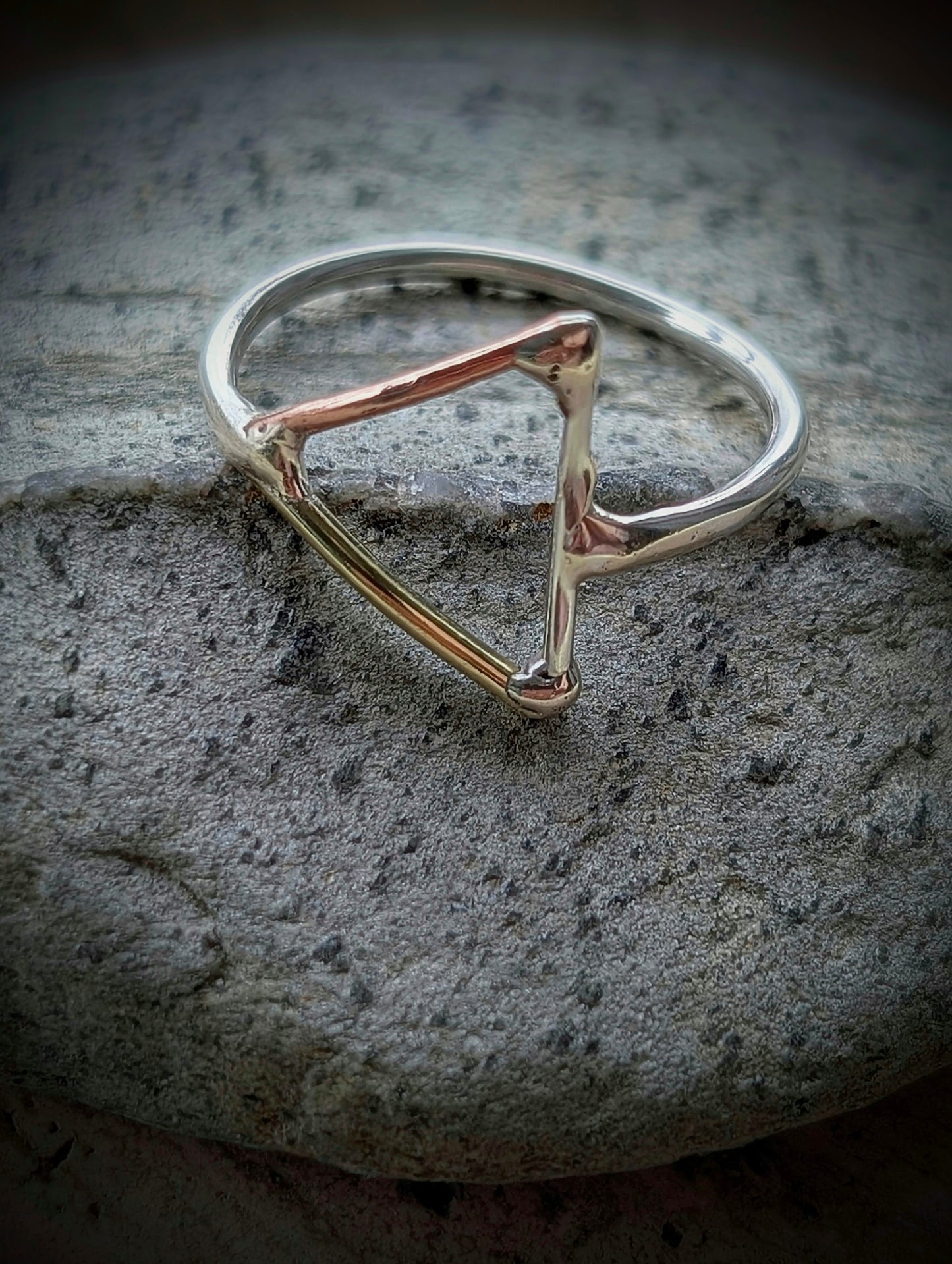 Minimalist Elemental Triangle with Sterling Silver, Salvaged Brass & Washed-up Copper