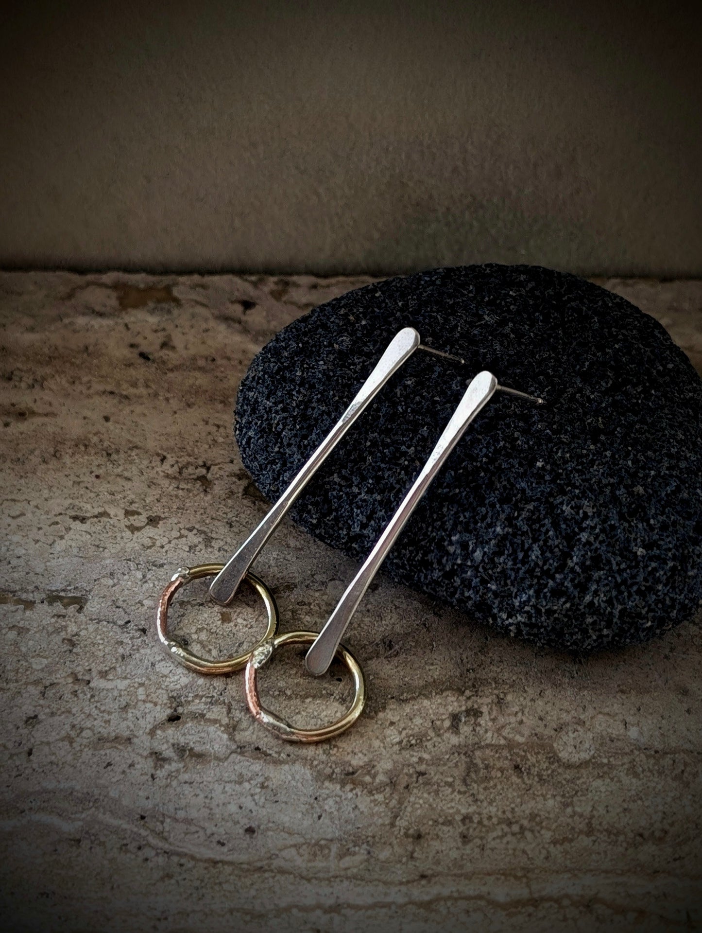 Suspended Circles Mixed-Metal Earrings with Sterling Silver, Salvaged Brass & Washed-up Copper