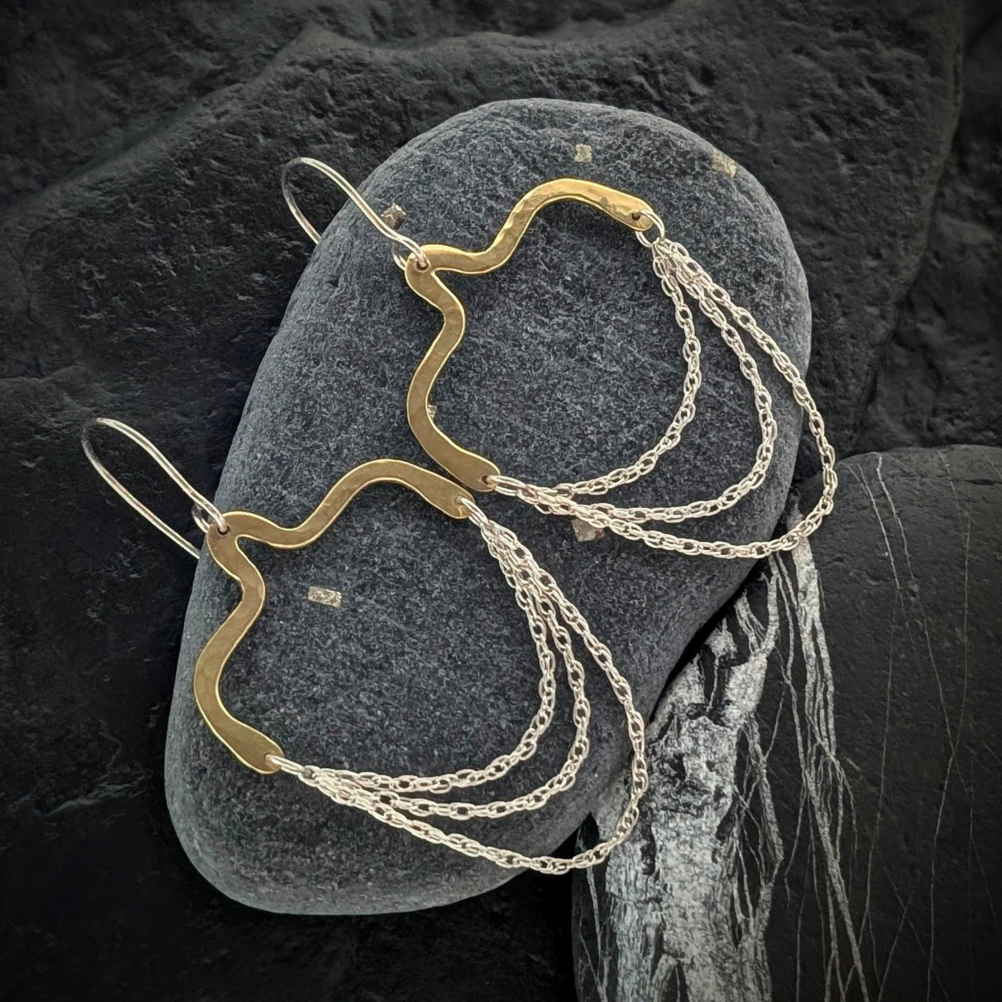 Hammered Brass & Sterling Silver Chandelier Earrings