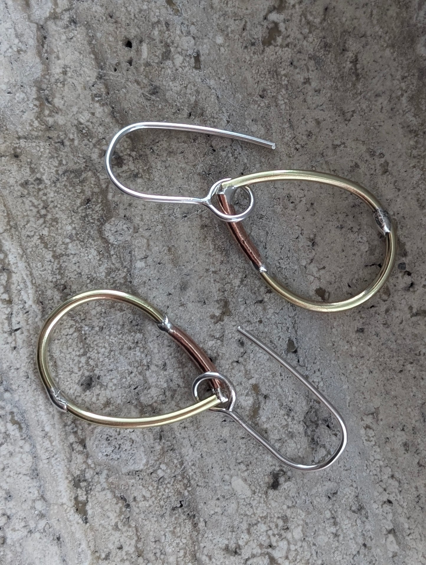 Teardrop Mixed-Metal Earrings with Sterling Silver, Salvaged Brass & Washed-up Copper