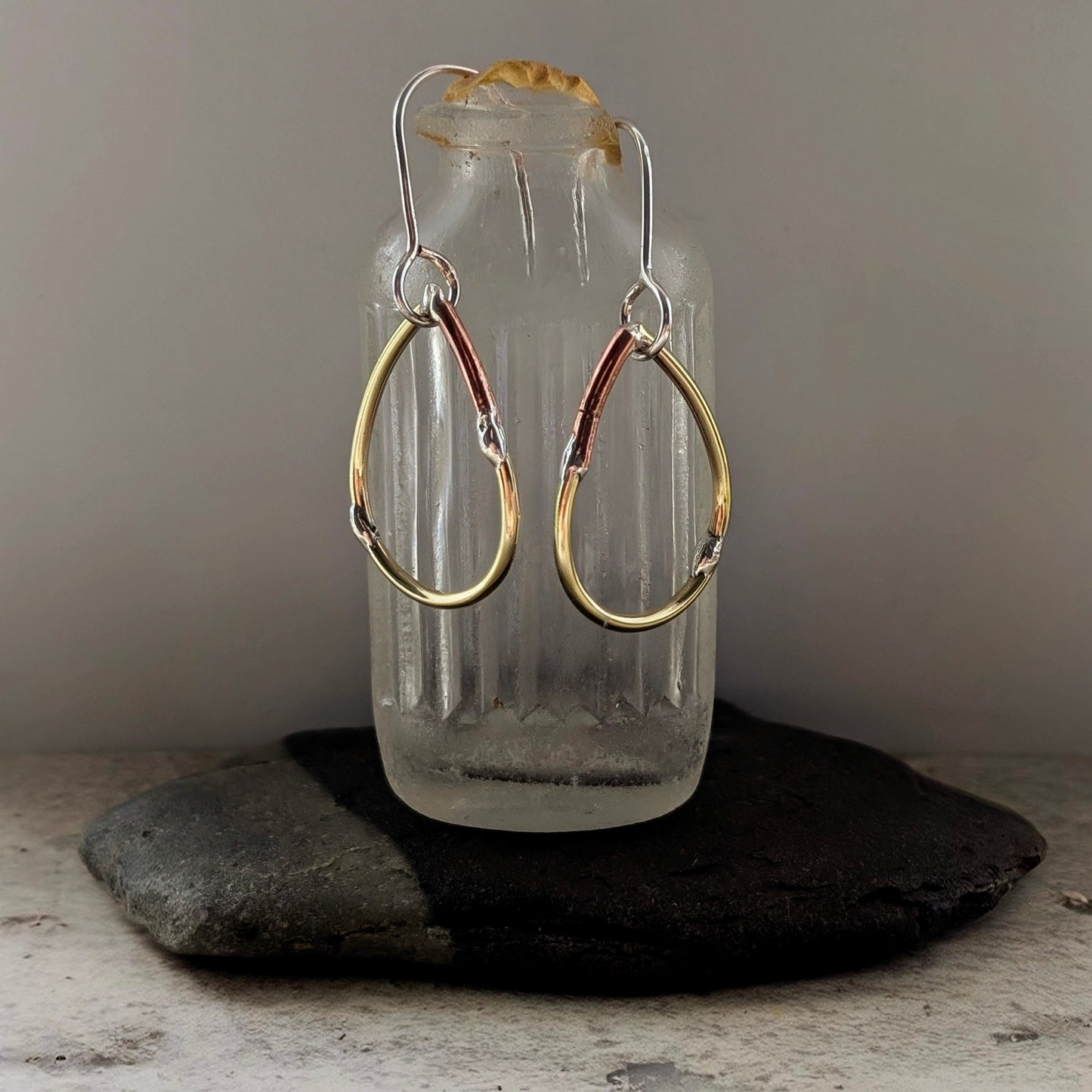 Teardrop Mixed-Metal Earrings with Sterling Silver, Salvaged Brass & Washed-up Copper
