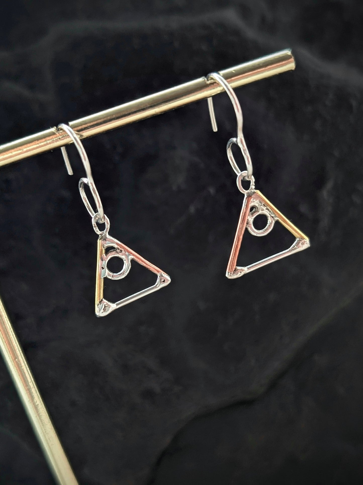 Elemental Triangle Earrings with Sterling Silver, Salvaged Brass & Washed-up Copper