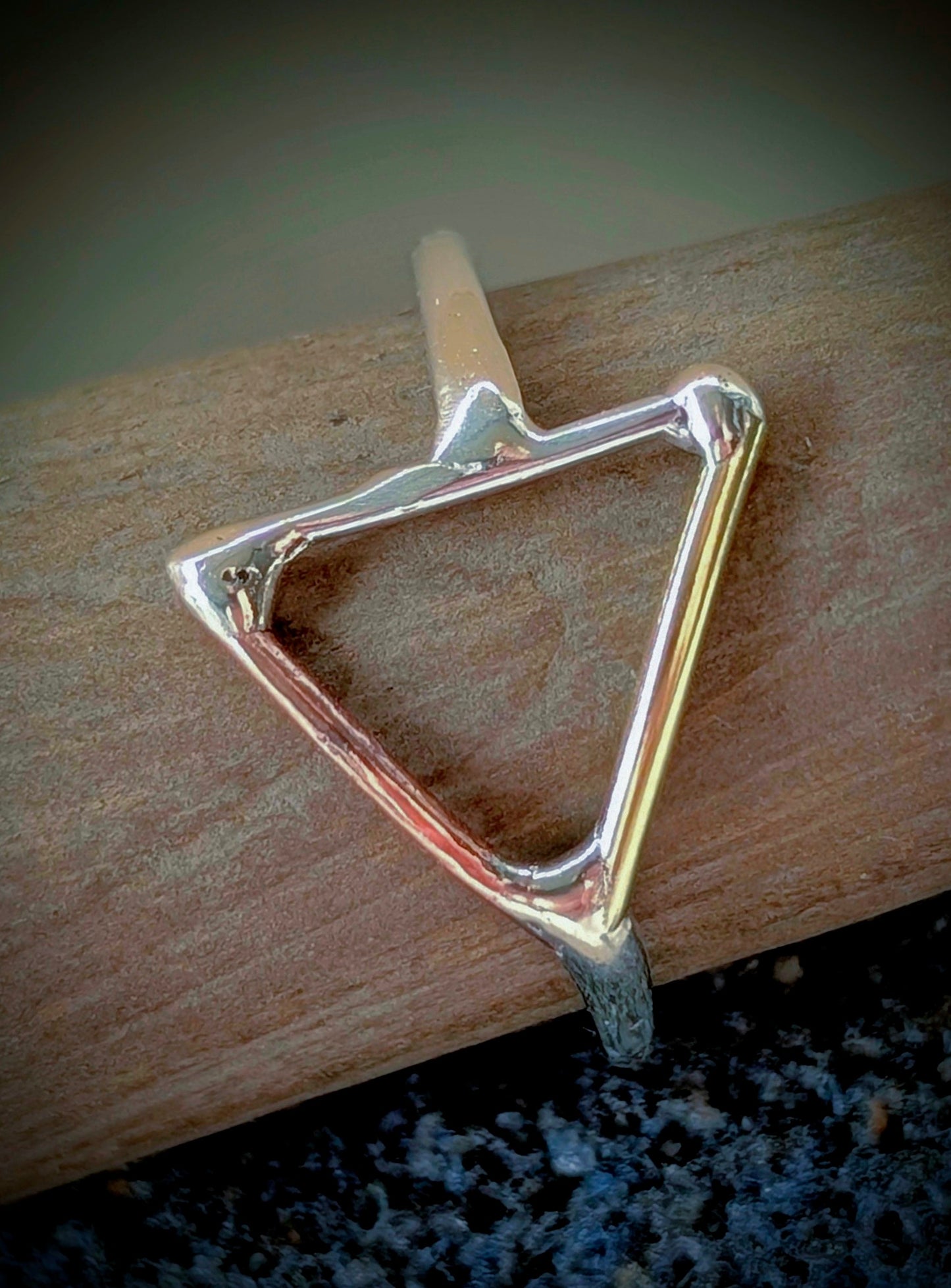 Minimalist Elemental Triangle with Sterling Silver, Salvaged Brass & Washed-up Copper