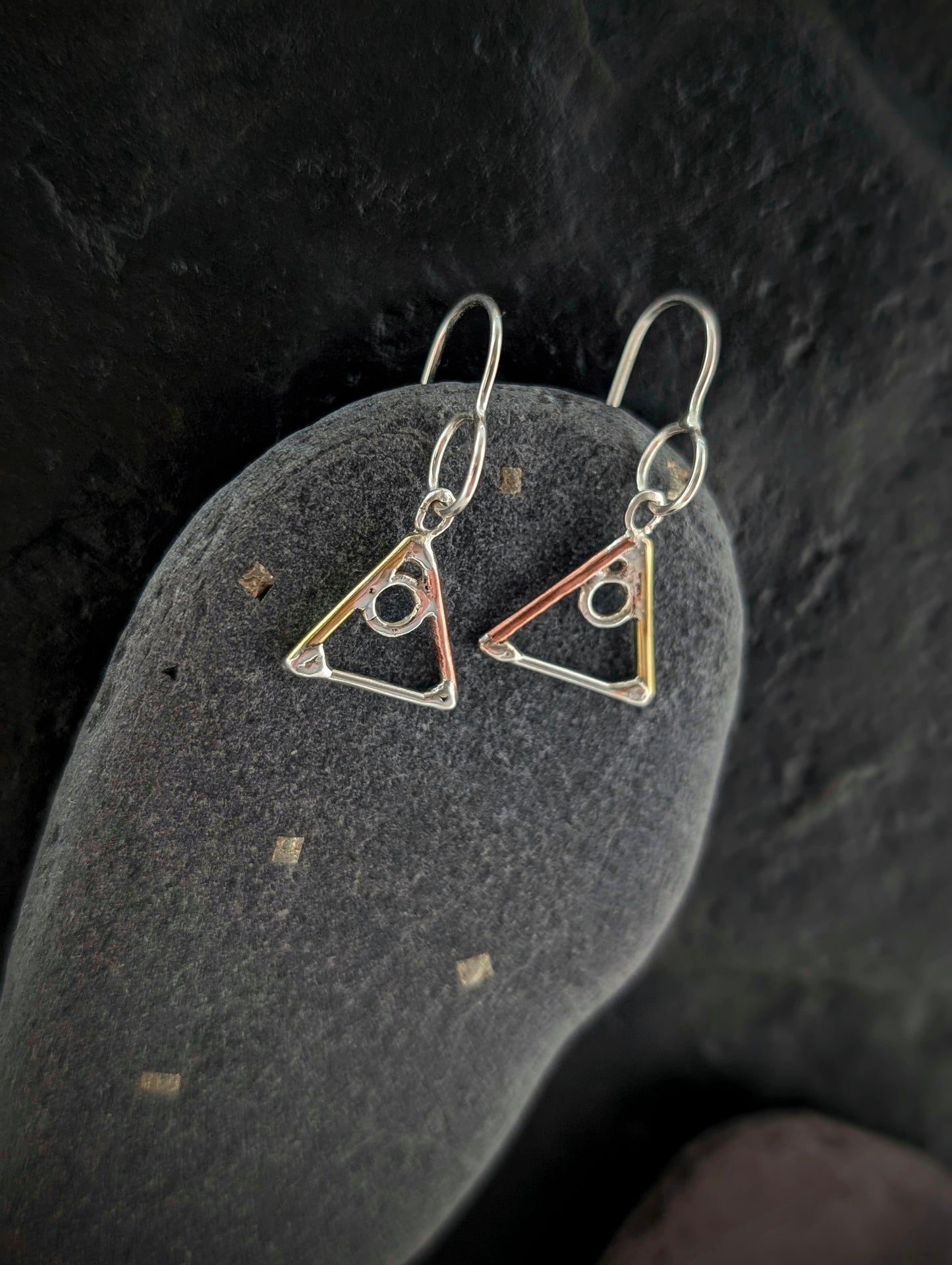 Elemental Triangle Earrings with Sterling Silver, Salvaged Brass & Washed-up Copper