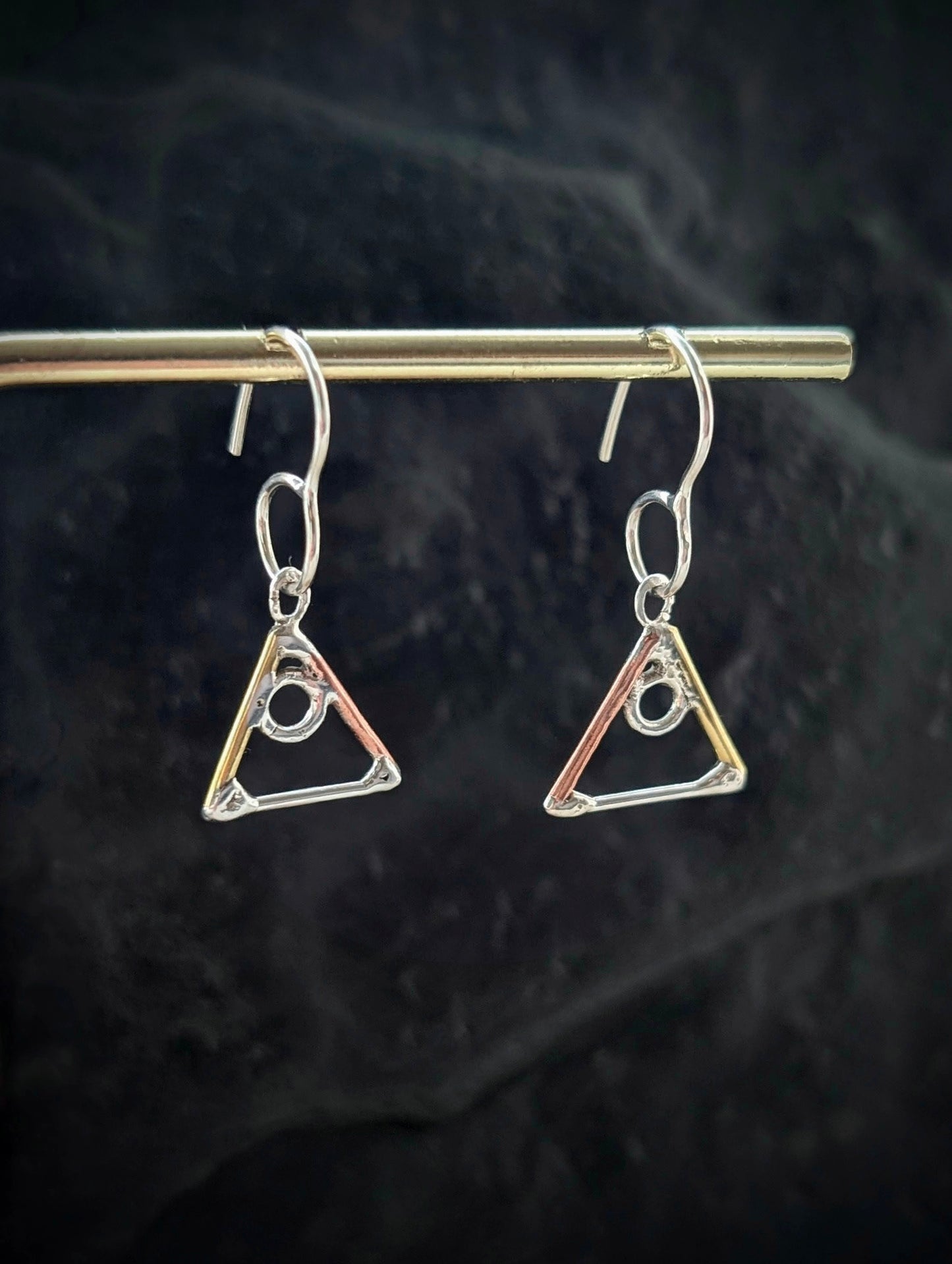 Elemental Triangle Earrings with Sterling Silver, Salvaged Brass & Washed-up Copper