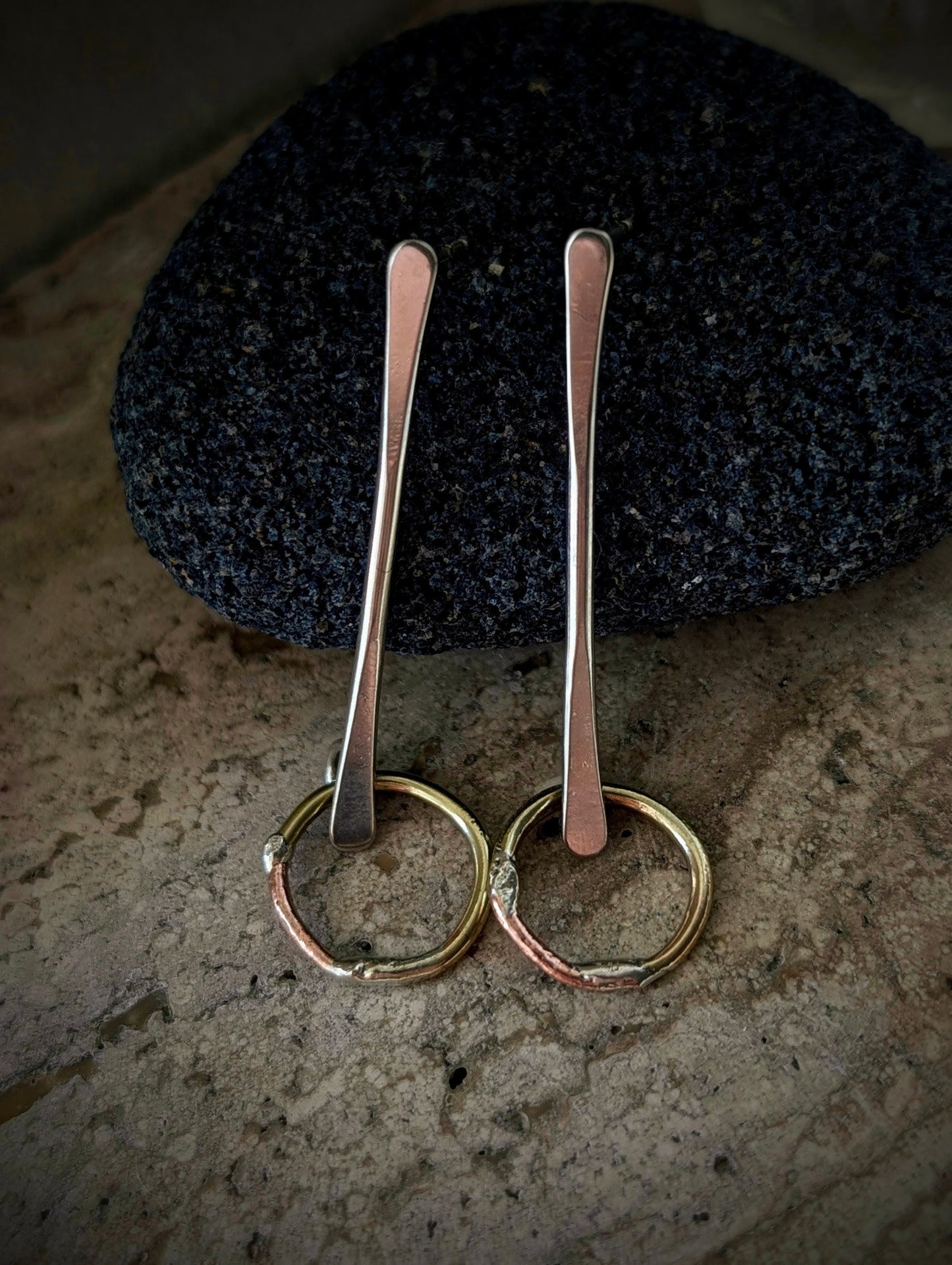 Suspended Circles Mixed-Metal Earrings with Sterling Silver, Salvaged Brass & Washed-up Copper