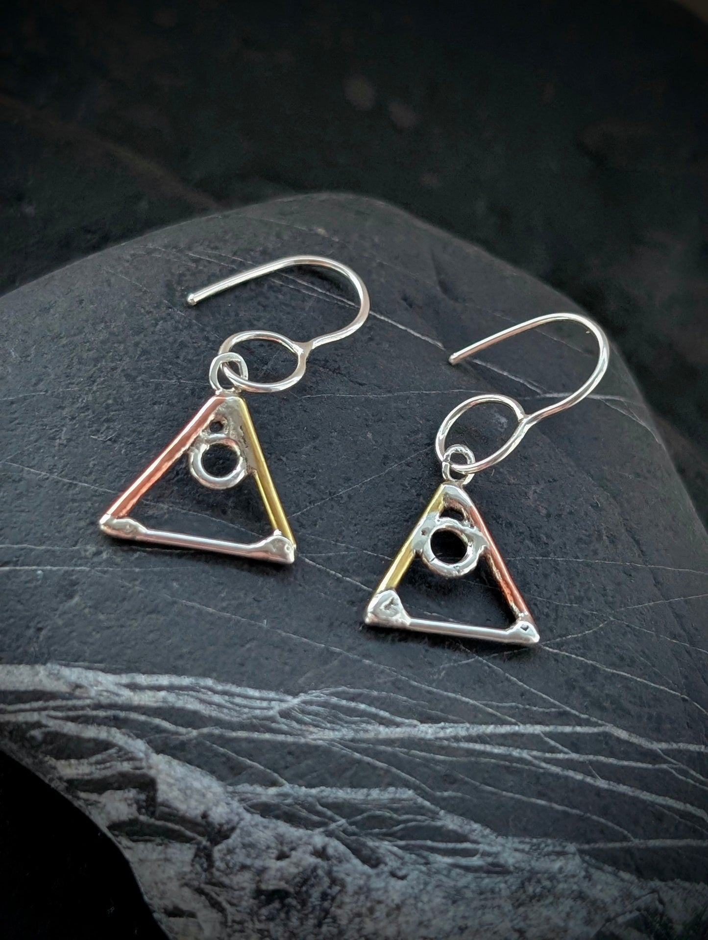 Elemental Triangle Earrings with Sterling Silver, Salvaged Brass & Washed-up Copper