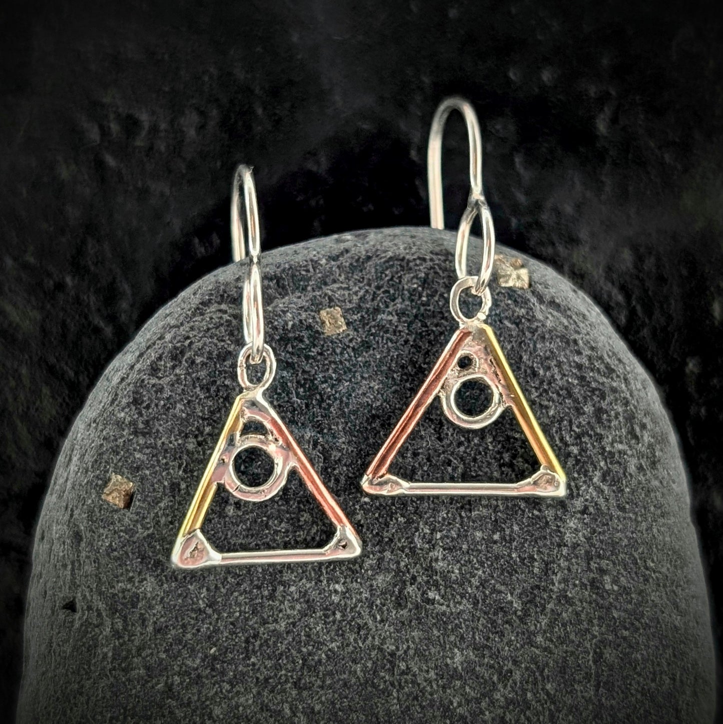 Elemental Triangle Earrings with Sterling Silver, Salvaged Brass & Washed-up Copper