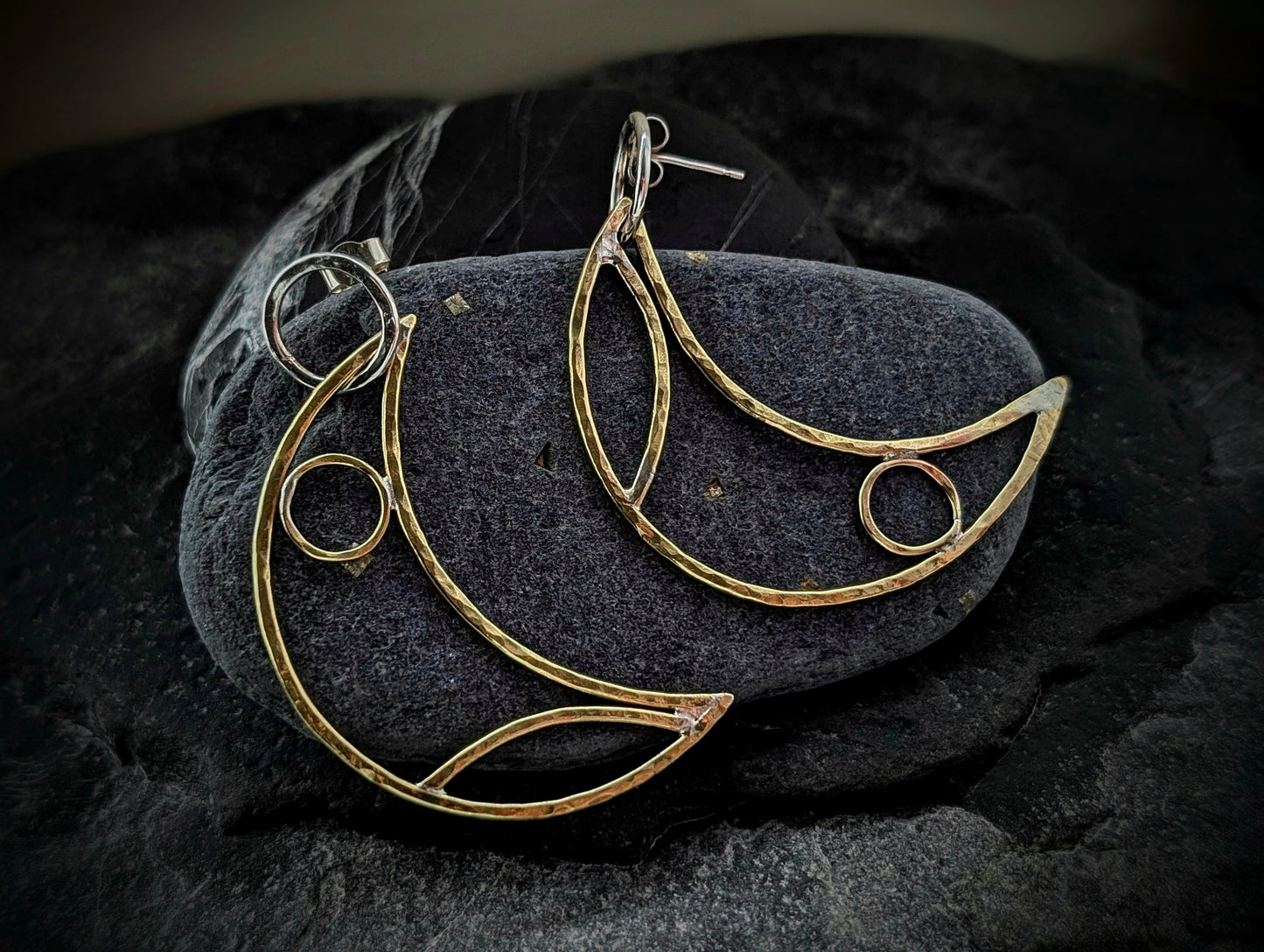 Sterling Silver & Brass Crescent Moon Hoop Earrings