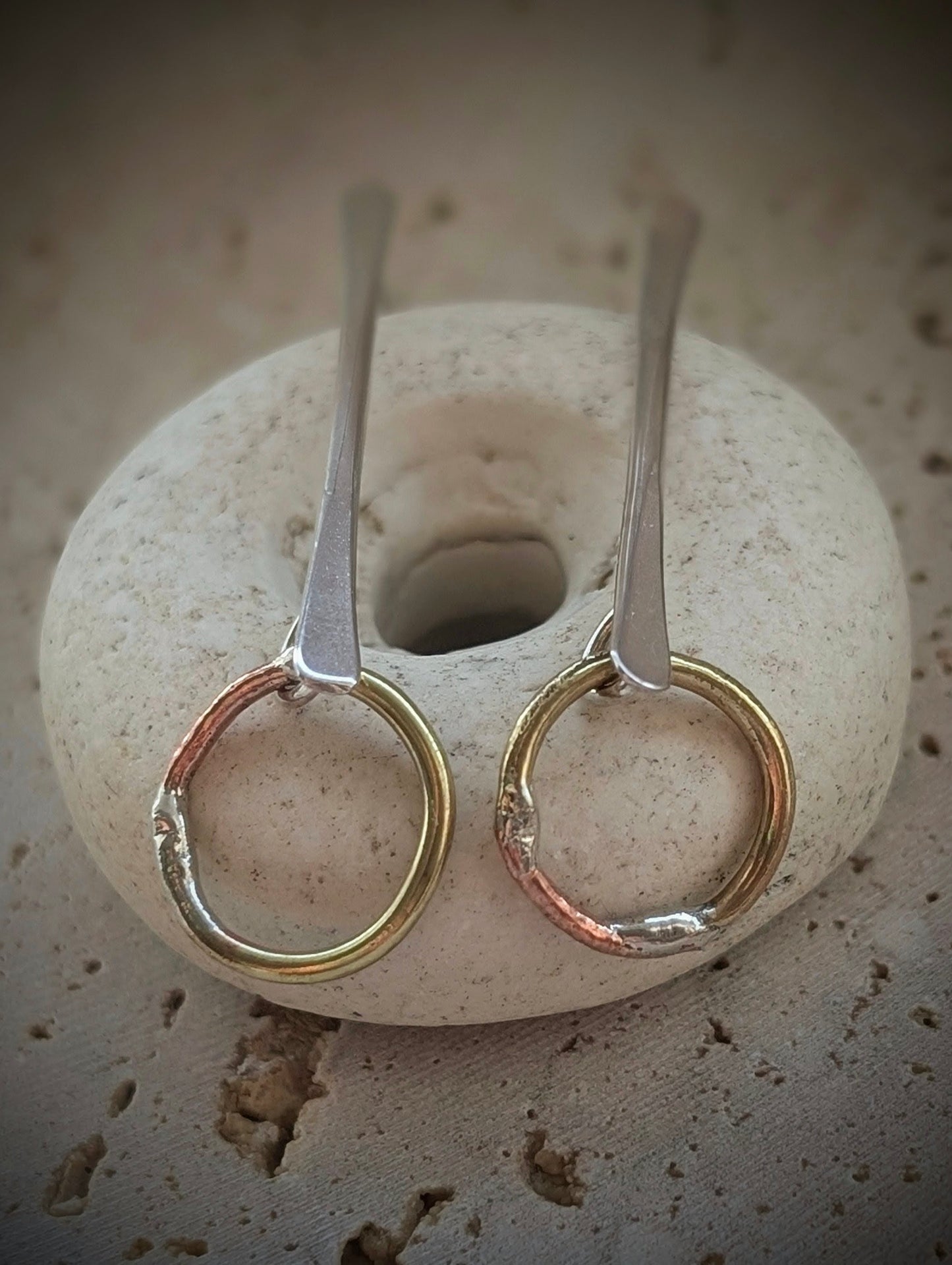 Suspended Circles Mixed-Metal Earrings with Sterling Silver, Salvaged Brass & Washed-up Copper