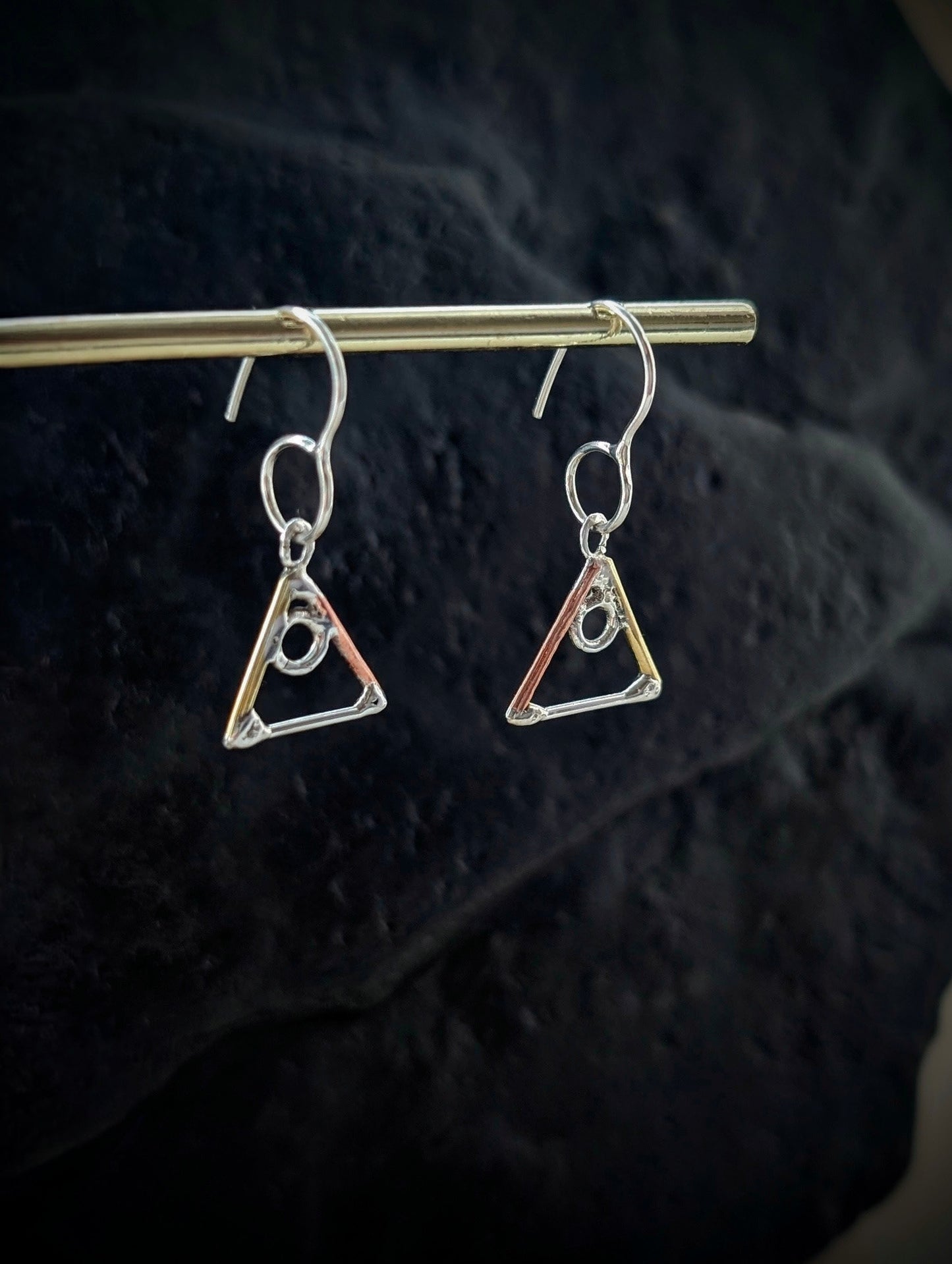 Elemental Triangle Earrings with Sterling Silver, Salvaged Brass & Washed-up Copper